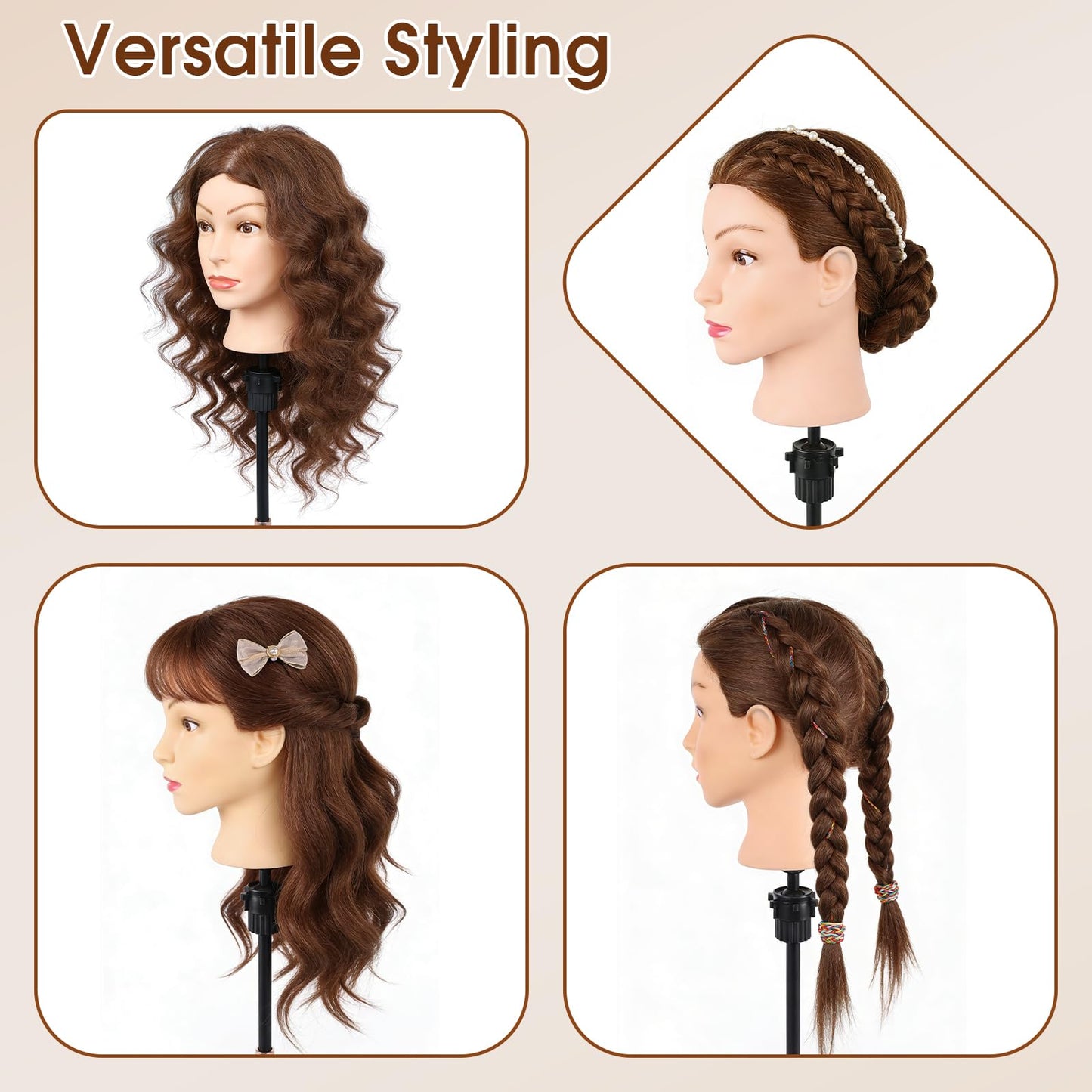 White Smoke 18 Inch 100% Real Human Hair Mannequin Head, Cosmetology Manikin Head Training Doll Head for Hair Styling, Braiding, Curling Practice, with Table Clamp Holder & Complete Styling Tools Kit(Brown)