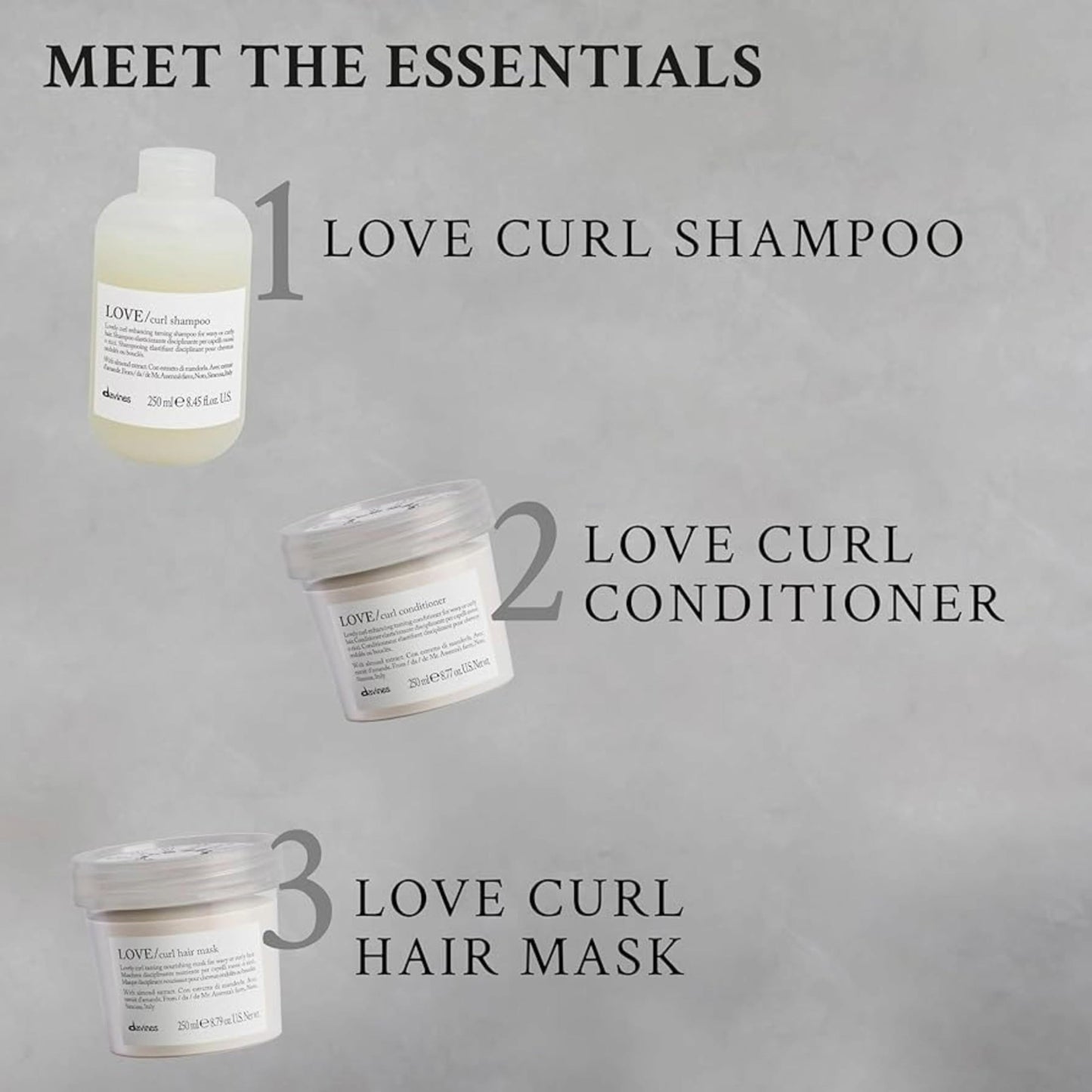 Gray Davines LOVE Curl Conditioner with Curl Building Serum and Curl Shampoo