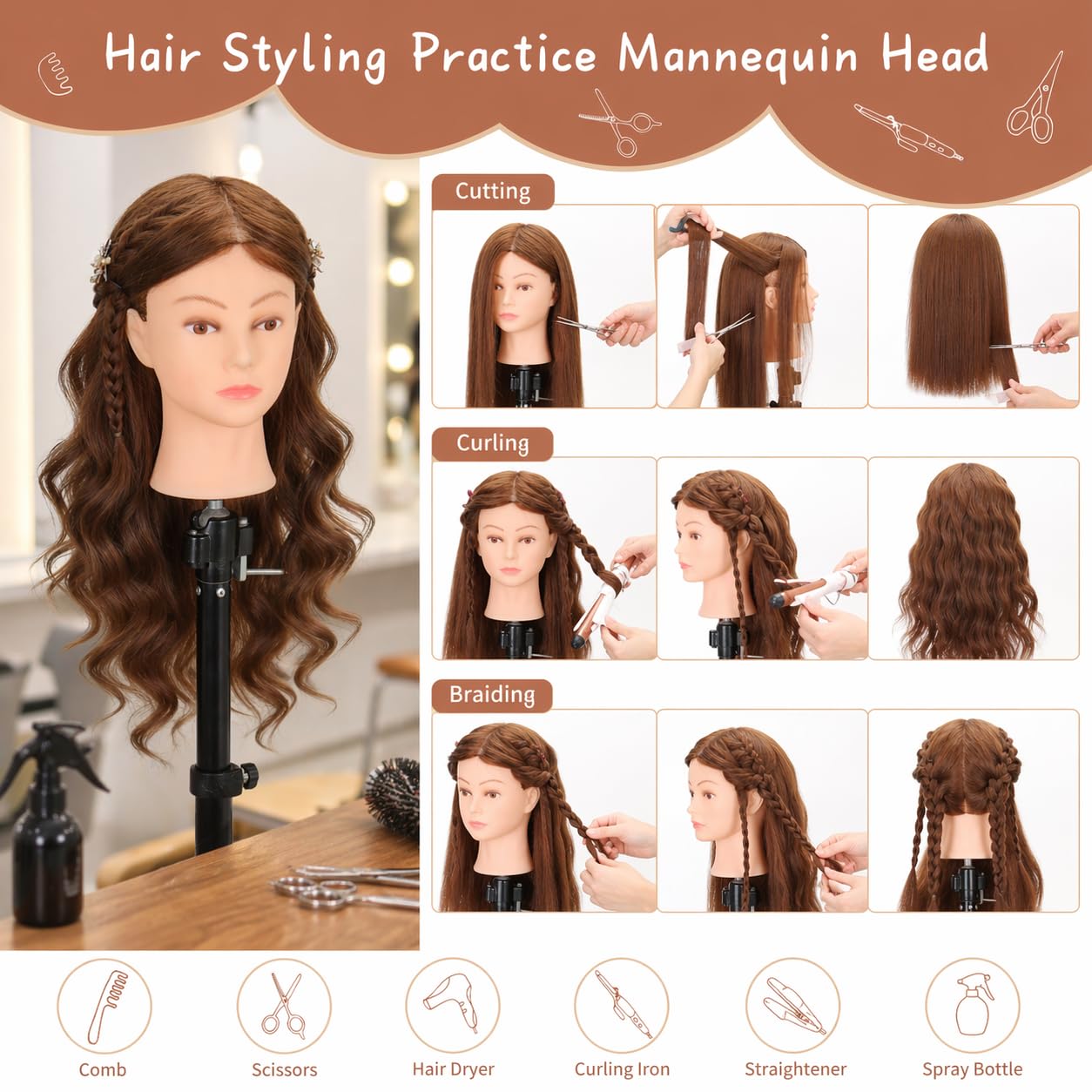 White Smoke Mannequin Head with 100% Real Human Hair 22"-24", Cosmetology Mannequin Head for Hairdresser Practice Braiding, Styling, Cutting and Hair Training（Dark Brown）