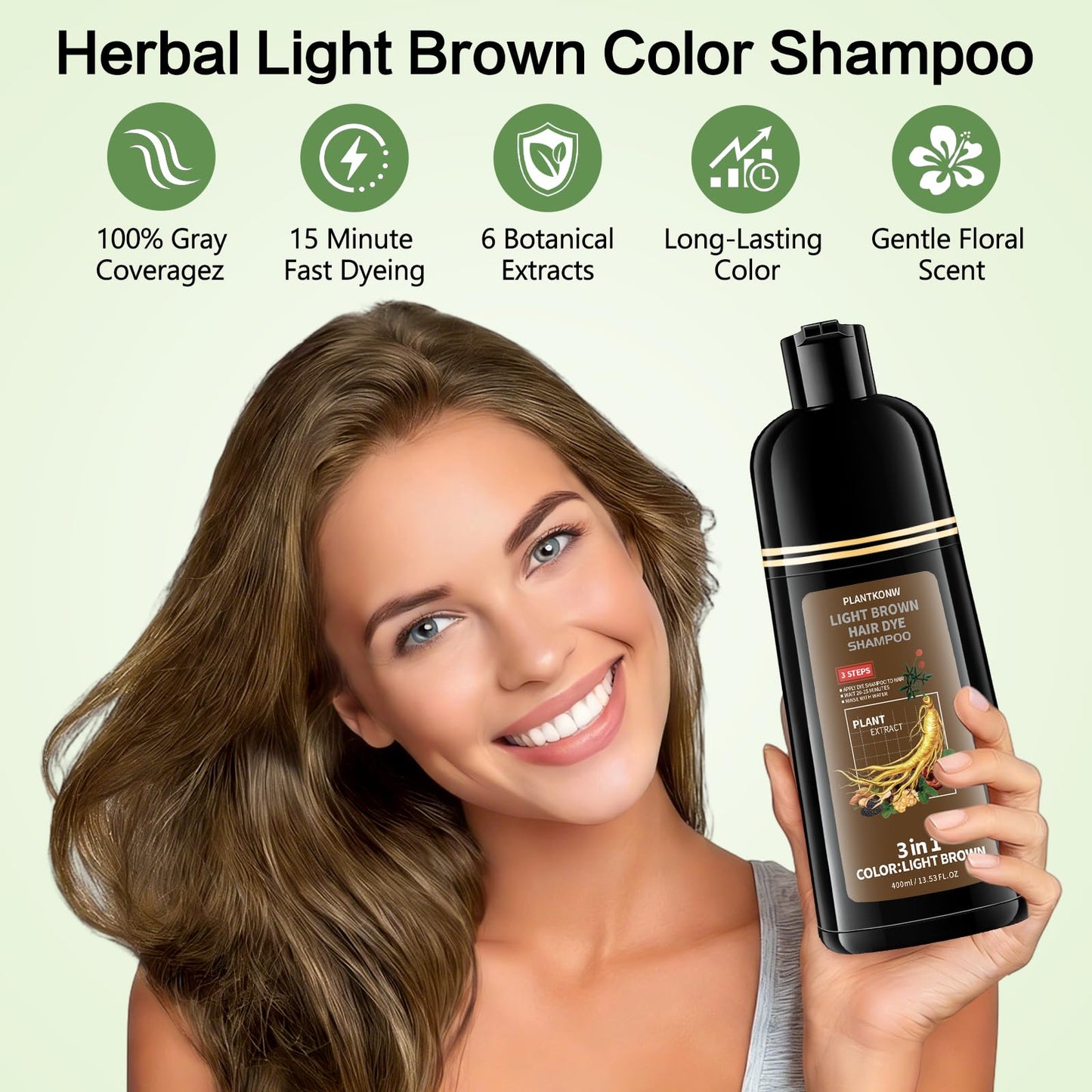 Honeydew Plantkonw Light Brown Hair Dye Shampoo, 3 In 1 Semi Permanent Hair Color Shampoo for Gray Coverage, Natural Hair Dye for Women & Men, Ammonia & Paraben Free