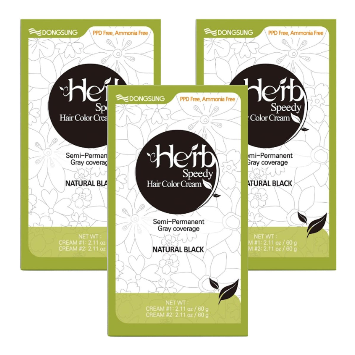White Smoke Dongsung Herb Speedy Color Cream (Natural Black, 3 Pack), PPD-Free Ammonia-Free Vegan Gray Coverage Hair Dye with Sun Protection, Odorless, Gentle for Sensitive Scalp, No Eye or Scalp Irritation