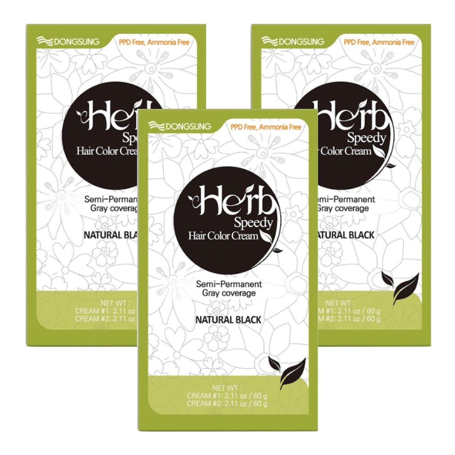White Smoke Dongsung Herb Speedy Color Cream (Natural Black, 3 Pack), PPD-Free Ammonia-Free Vegan Gray Coverage Hair Dye with Sun Protection, Odorless, Gentle for Sensitive Scalp, No Eye or Scalp Irritation
