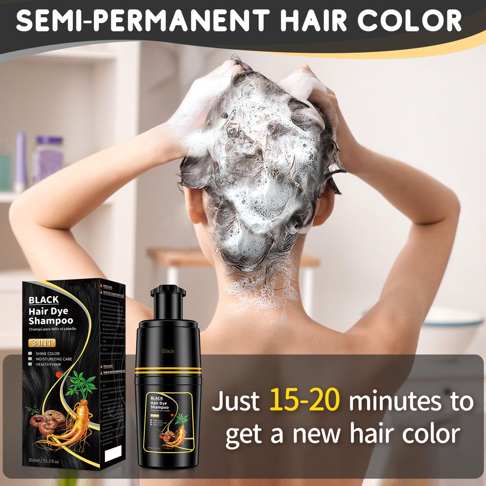 Misty Rose IIIMEIDU Black Hair dye Shampoo 3 in 1, Natural Hair Color Shampoo for Gray Hair, Tinte Para el Cabello for Women and Men 100% Grey Coverage, 350ml