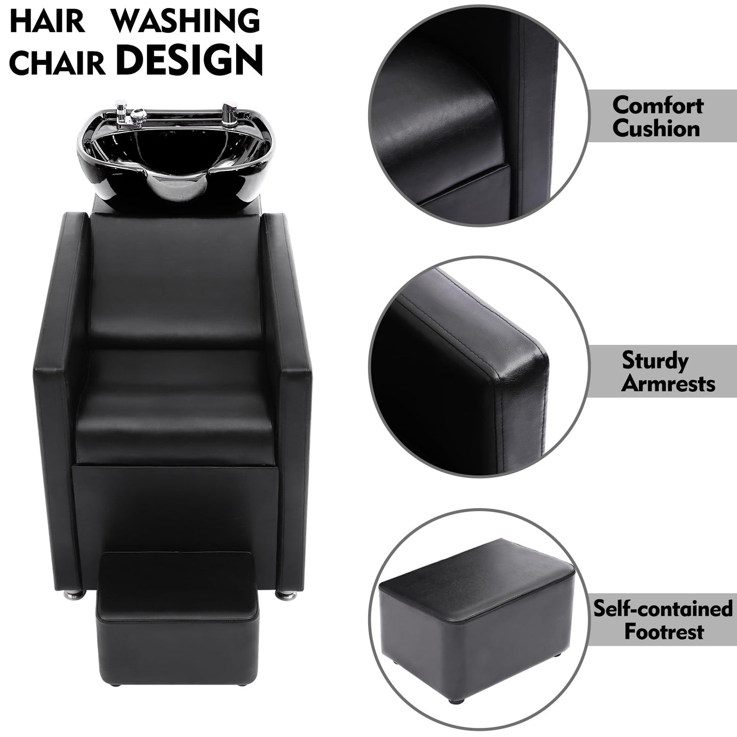 White Smoke KIGOTY Shampoo Backwash Unit, Shampoo Bowl and Chair Set with Ceramic Sink, Reclining Shampoo Station with Footrest, Backwash Barber Chair for Salon Spa, Black