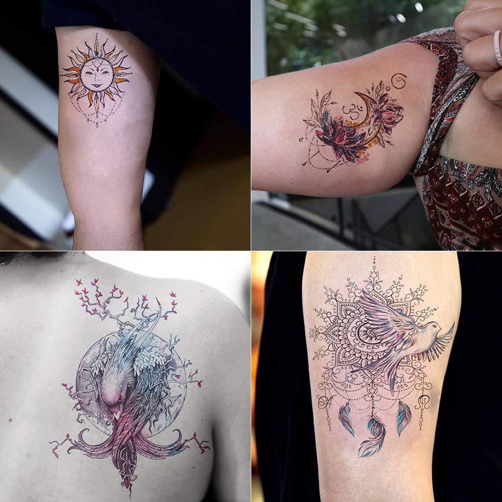 Black Oottati 12 Sheets Fairy Tales Animal Temporary Tattoo Kit - 21x15cm Pink Unicorn Swan Bird Deer Elf Wolf Owl Eagle Tree Elephant Moon Sun Totem Flower Arm
