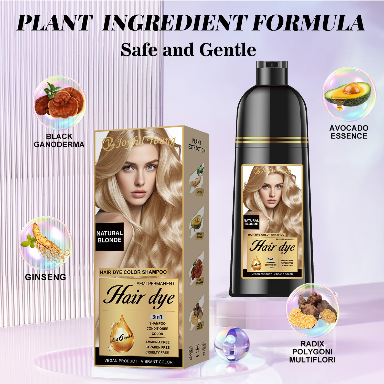 Lavender Joyful Young Hair Dye Shampoo 3-in-1, Natural Blonde Semi-Permanent Gray Hair Coverage, Color Depositing Shampoo for Women & Men, Vegan, Ammonia-Free