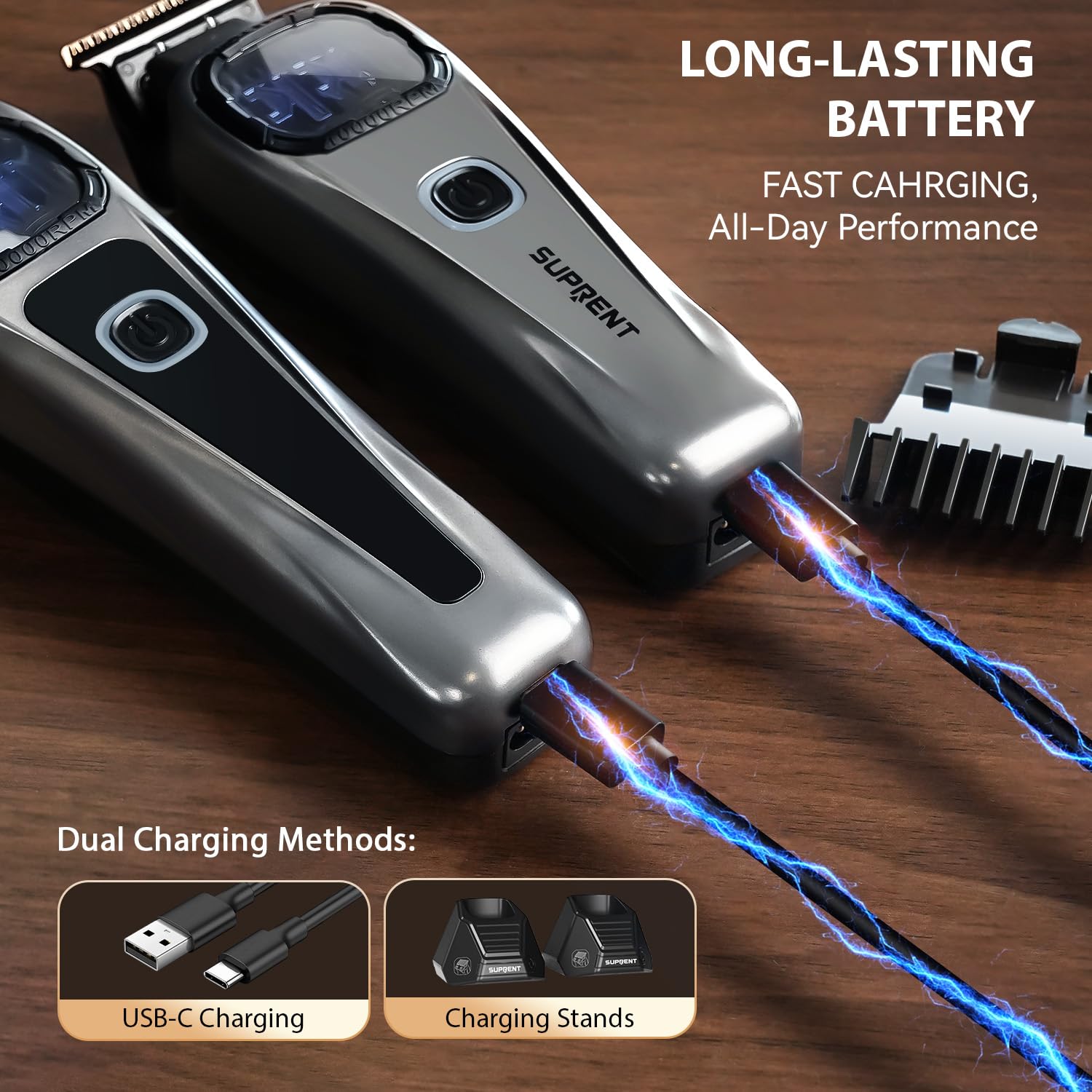 Black SUPRENT StormGray Professional Hair Clippers for Men - Cordless Barber Clippers & Zero-gapped Trimmer Set, Haircutting Kit with High Performance Motor, Blue Titanium-Coated Blades, Charging Stands