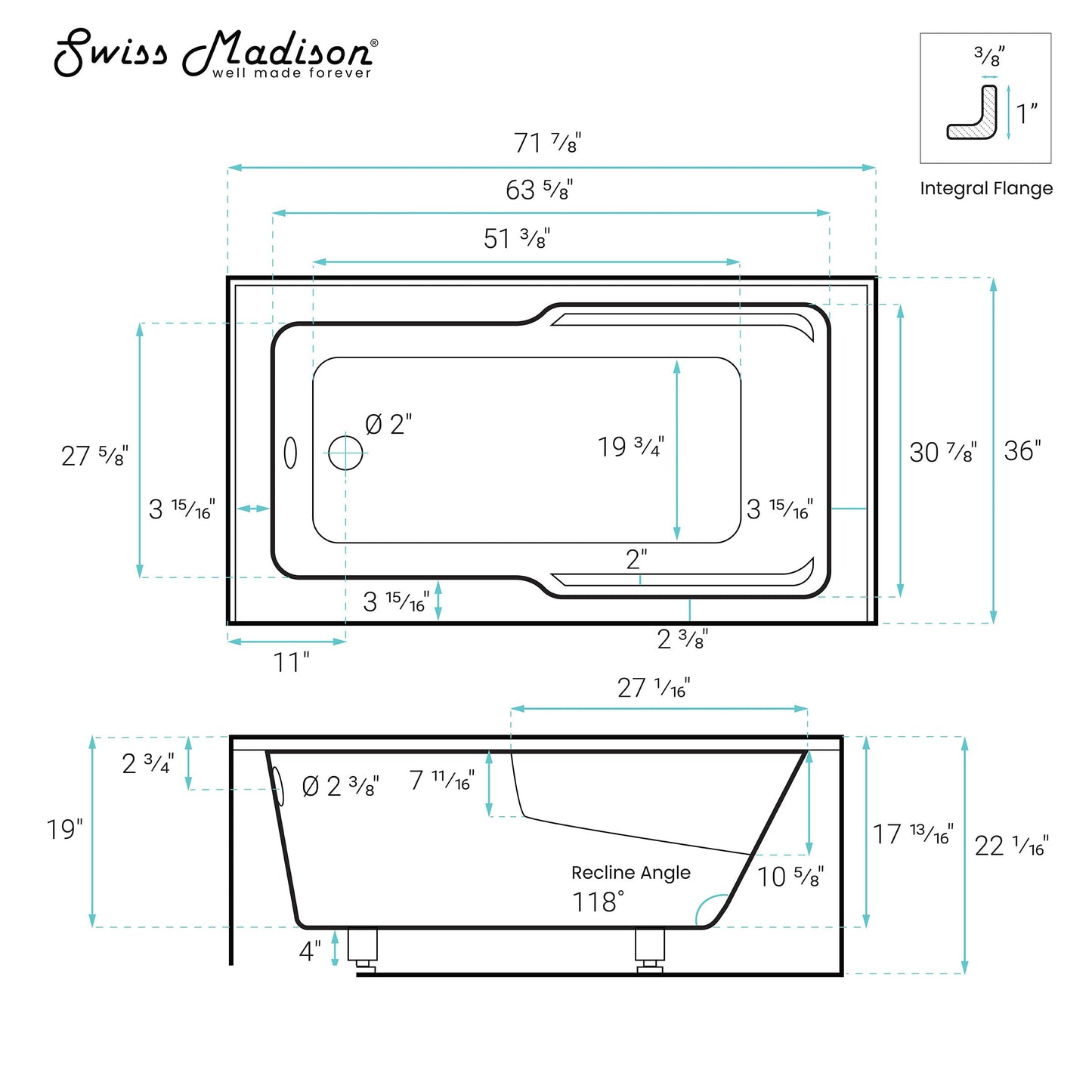 White Smoke Lausanne 72" x 36" Left-Hand Drain Alcove Bathtub with Apron