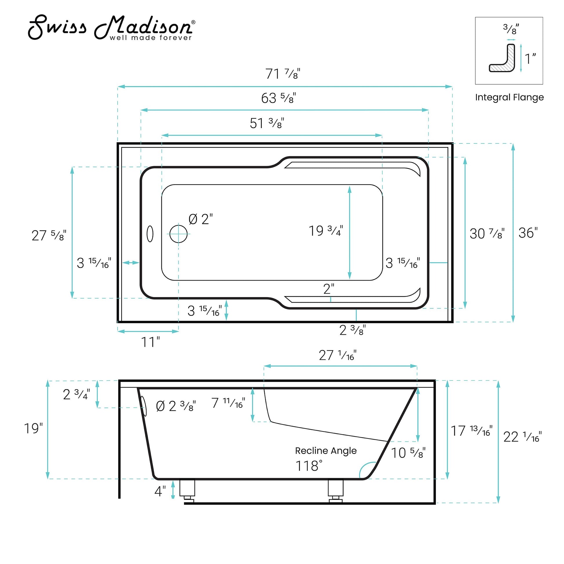 White Smoke Lausanne 72" x 36" Left-Hand Drain Alcove Bathtub with Apron