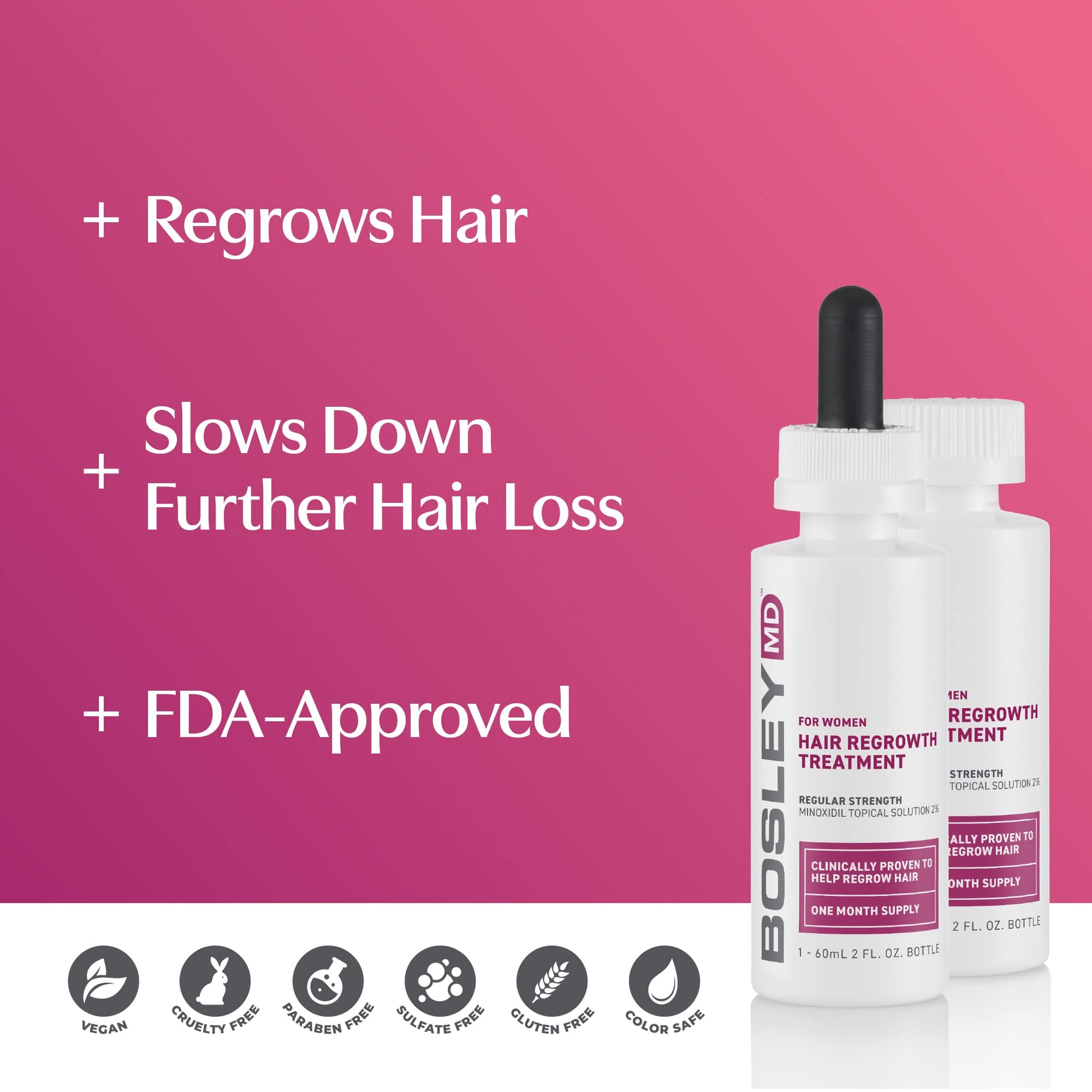 Maroon BosleyMD Minoxidil 2% Hair Regrowth Treatment for Women, Clinically Proven Hair Growth Solution for Thinning Hair & Female Pattern Hair Loss - Topical Scalp Treatment – 2 x 2 Fl Oz (2 Month Supply)
