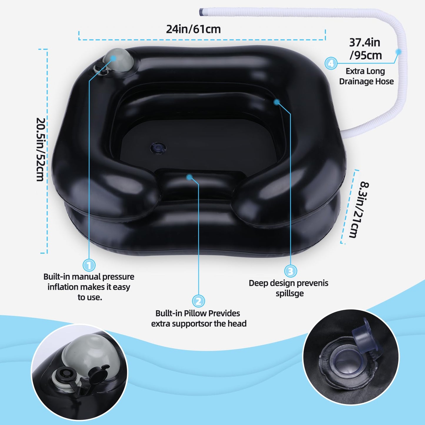 White Smoke Upgraded Inflatable Hair Washing Basin with Built-in Manual Pressure Inflation, Portable Shampoo Bowl Sink for Hair Washing Station & Elderly, Disabled, Bedridden