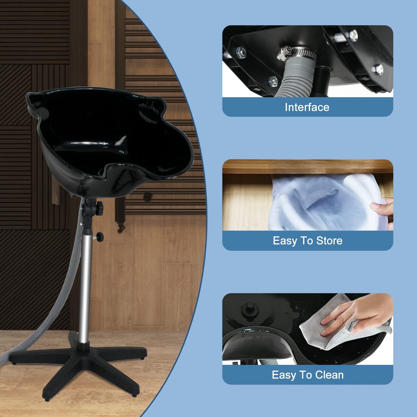 Light Steel Blue Height Adjustable Portable Salon Deep Shampoo Basin Sink Hair Treatment Bowl with Drain Hose Black