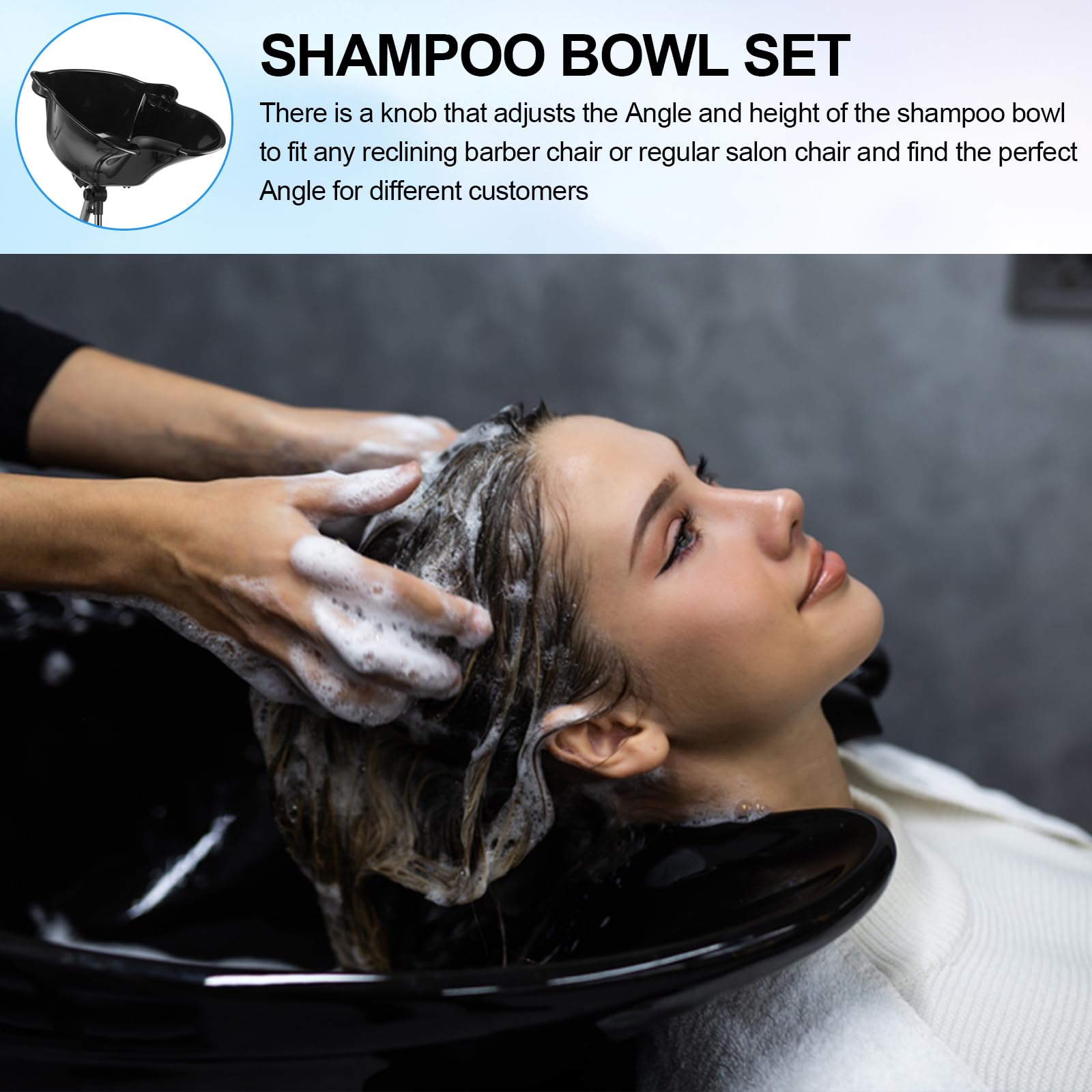 Black Portable Shampoo Bowl, 270 Degree Rotation of Hair Washing Basin, Height Adjustable Salon Sink with Drain Hoses for Home Salon Use