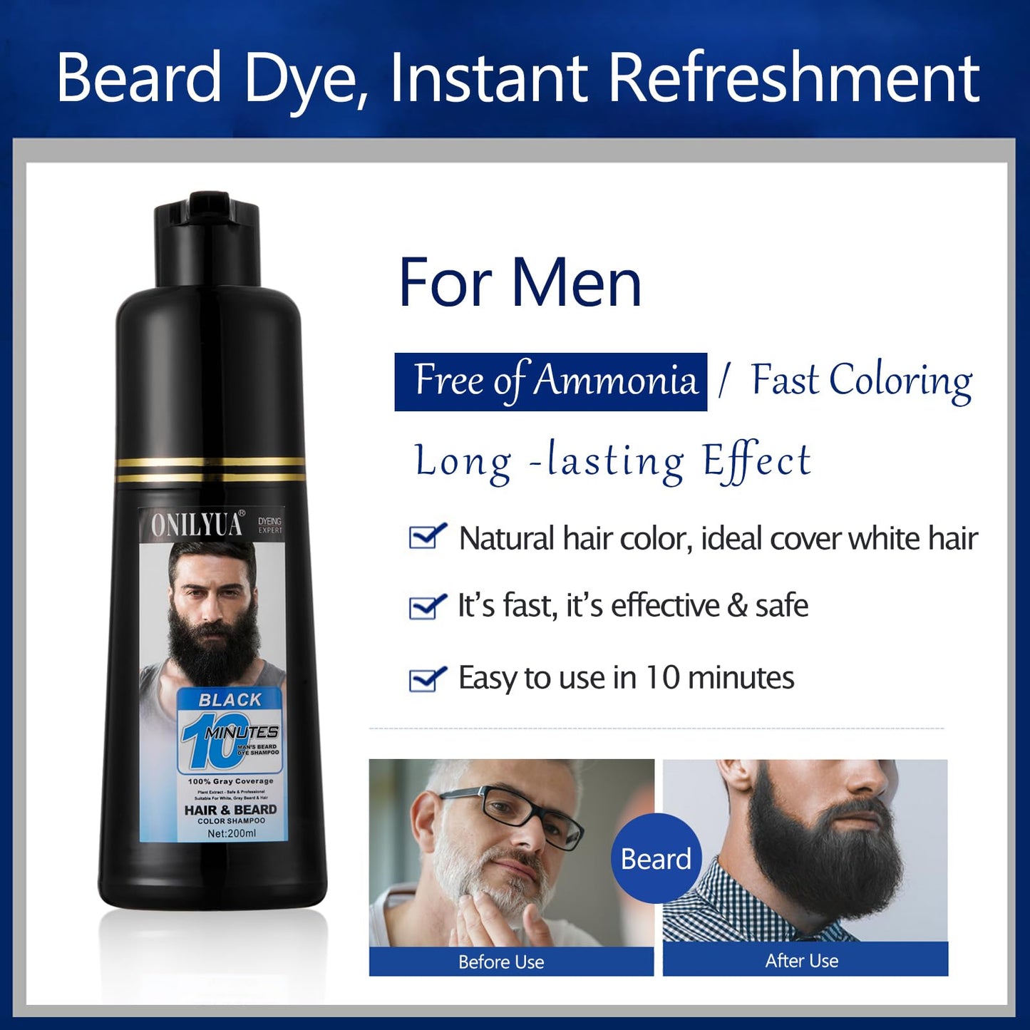 White Smoke Onilyua Men's 3 in 1 Black Beard Dye Shampoo, Simpler Color for Men's Beard & Mustaches, Long Lasting Gray Reducing 200 ml