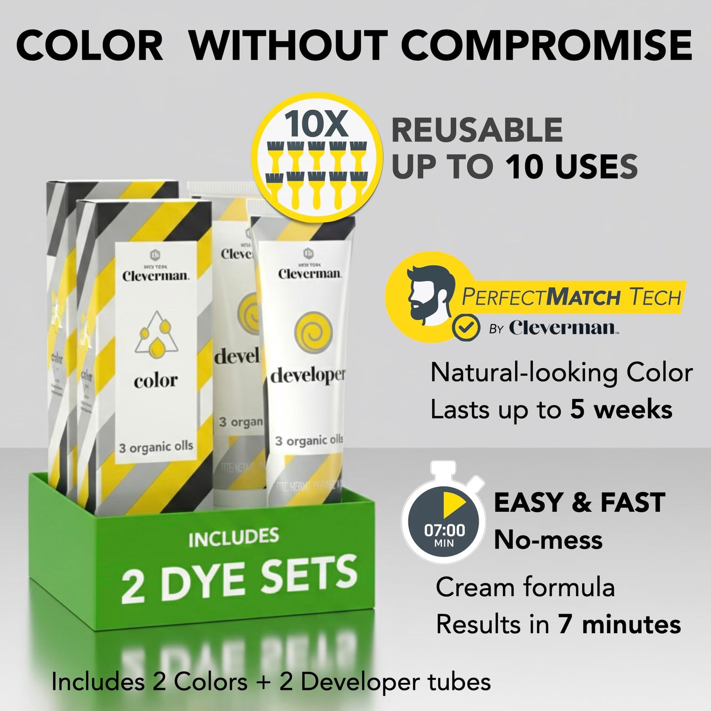 Light Gray Reusable Hair & Beard Dye for Men – Lightest Blond | Up to 5 Uses, 7 Minutes | Natural Gray Coverage, No-Drip Cream with SkinArmour® – Cleverman