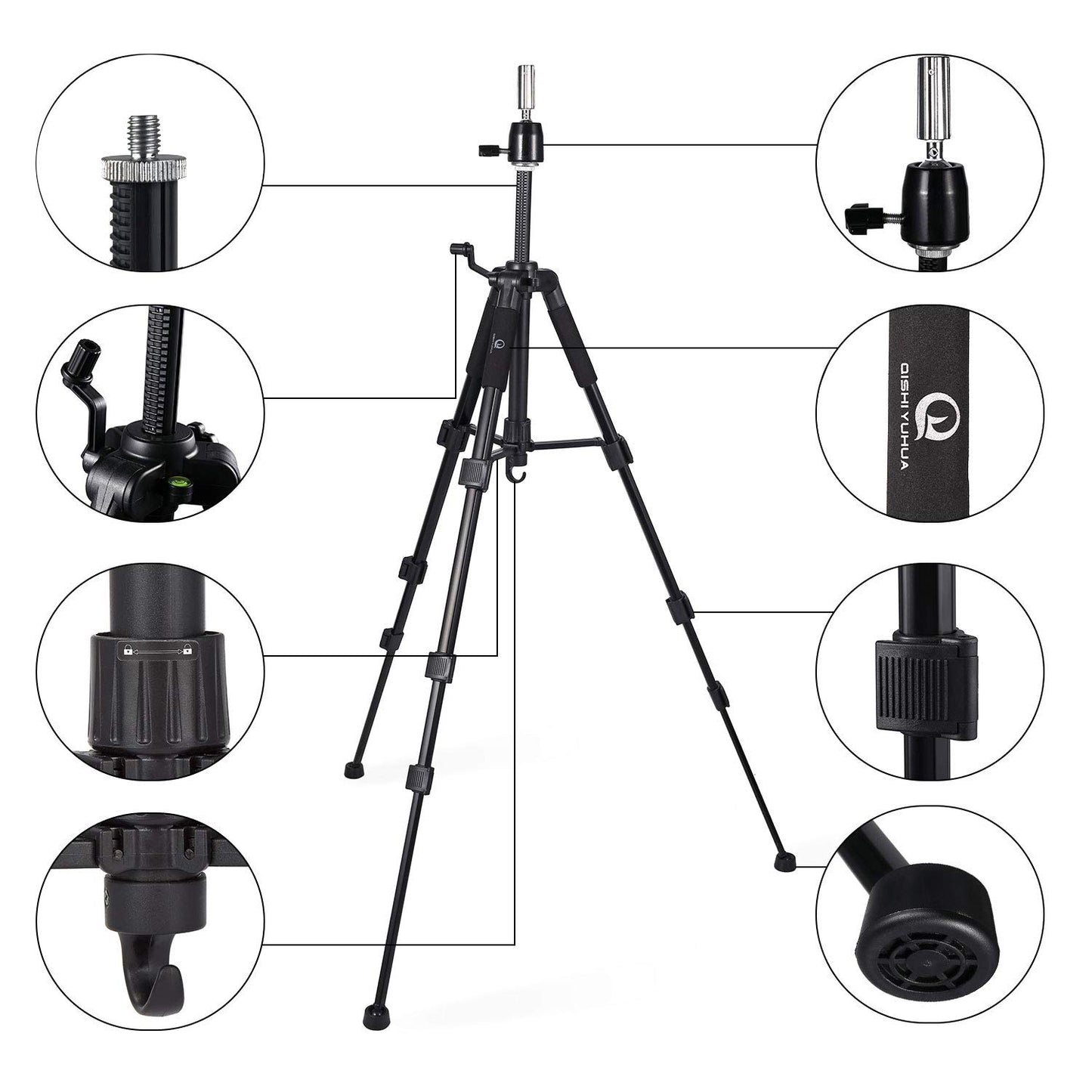 White Smoke QISHI YUHUA Wig Stand Tripod with Non-Slip Base Adjustable Mannequin Head Stand with Hook Heavy Duty Manikin Head Tripod