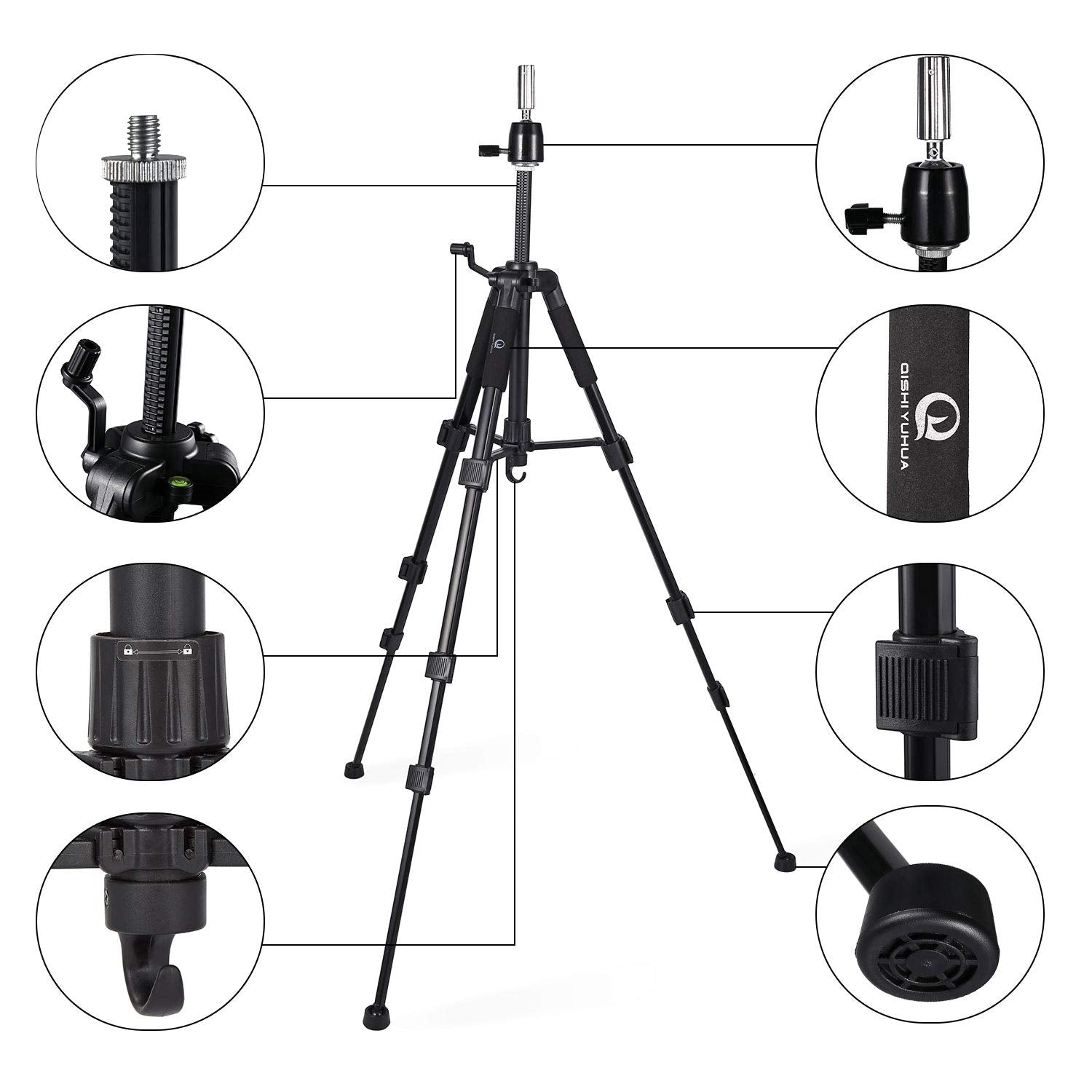 White Smoke QISHI YUHUA Wig Stand Tripod with Non-Slip Base Adjustable Mannequin Head Stand with Hook Heavy Duty Manikin Head Tripod