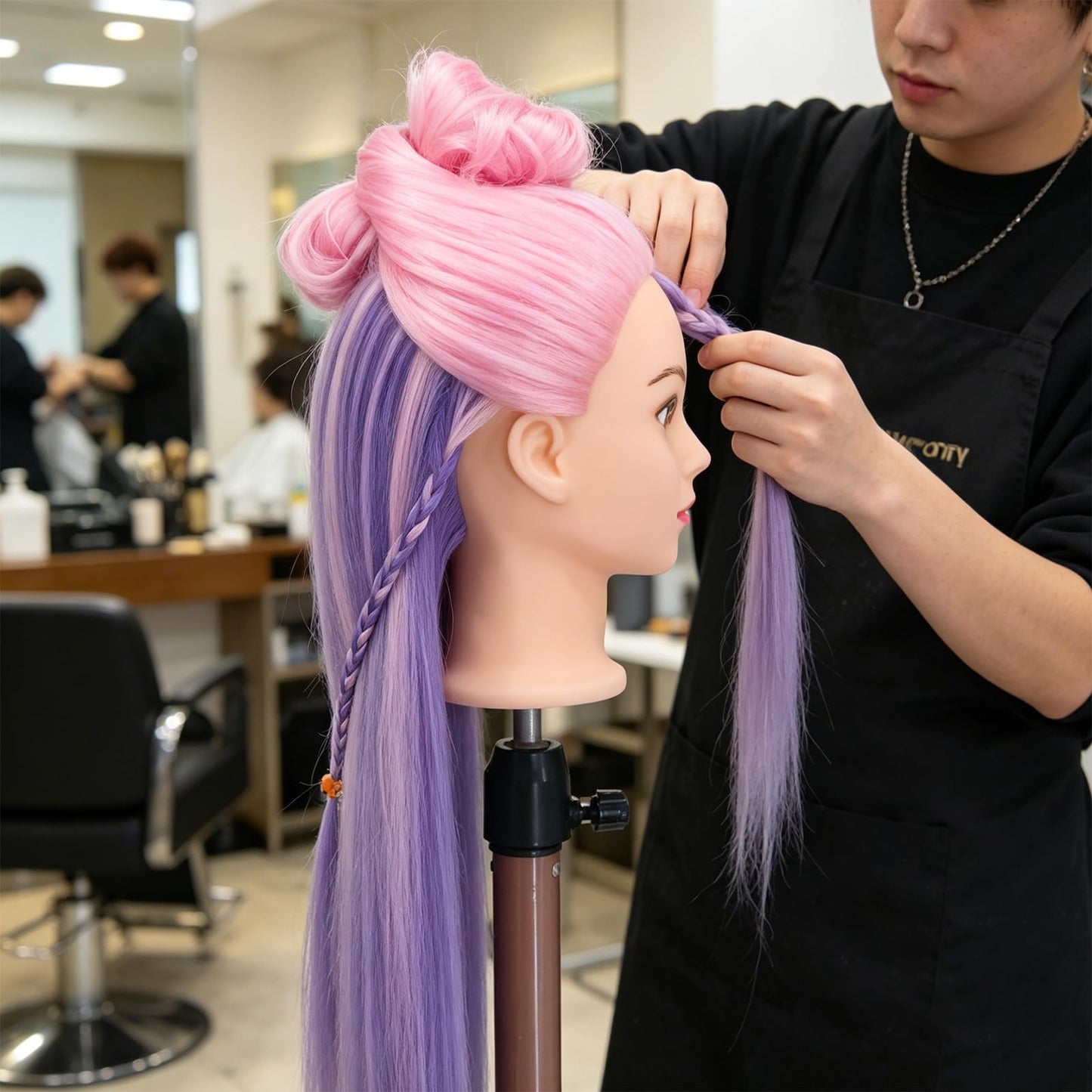 Black Eumos Mannequin Head with Hair, 29'' Doll Head for Hair Styling Training Head Manikin Practice Cosmetology Doll Head Styling Hairdressing Training Braiding Heads with Clamp Holder (Pink Purple)