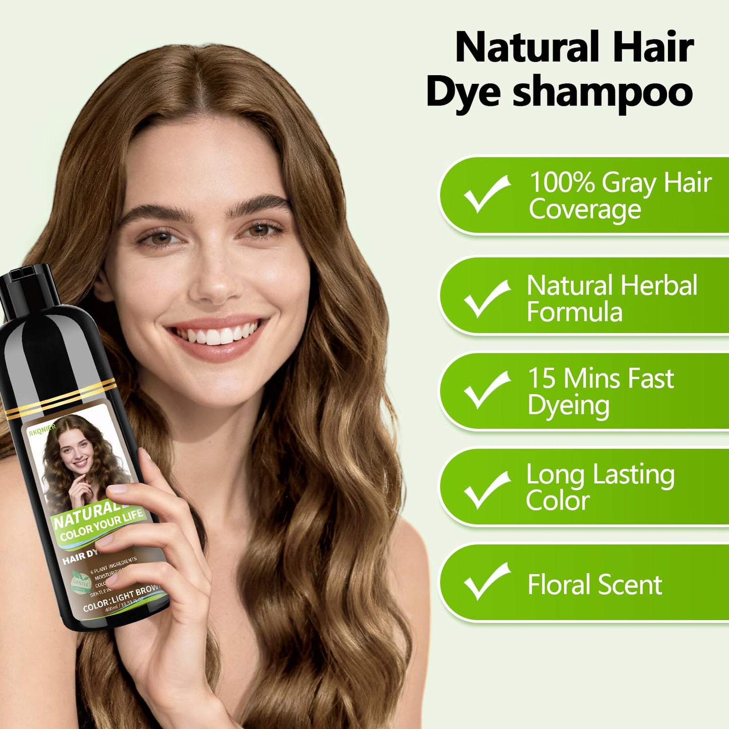 Honeydew RKQNIER Light Brown Hair Dye Shampoo for Women & Men, 15 Min Gray Coverage, 3 in 1 Semi-Permanent Color with Natural Herbal Ingredients, Lasts 60 Days