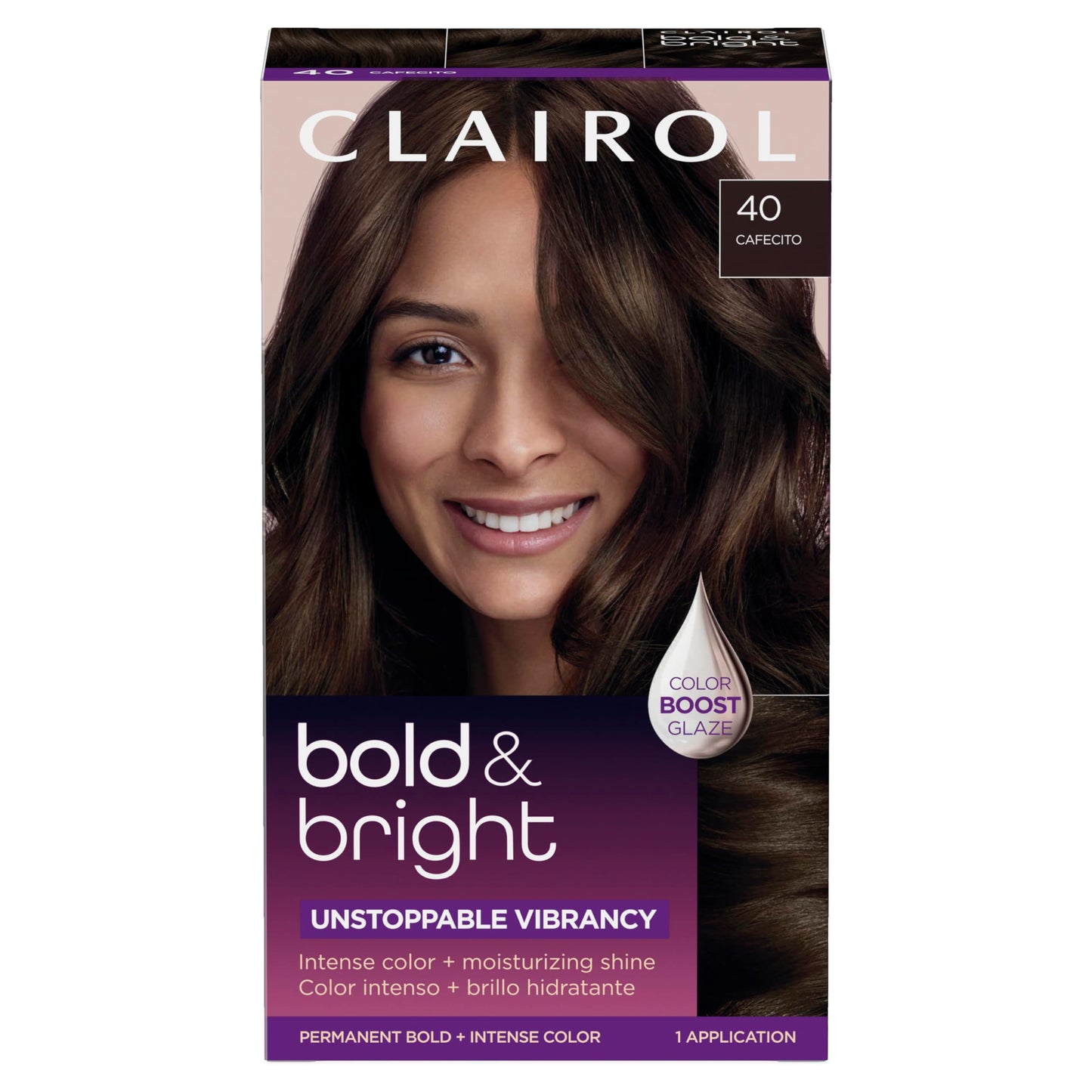 Black Clairol Bold & Bright Permanent Hair Dye, 40 Cafecito Hair Color | Intense Vibrancy + Moisturizing Shine | Includes Color Boost Glaze to Amplify Color Anytime | Pack of 1