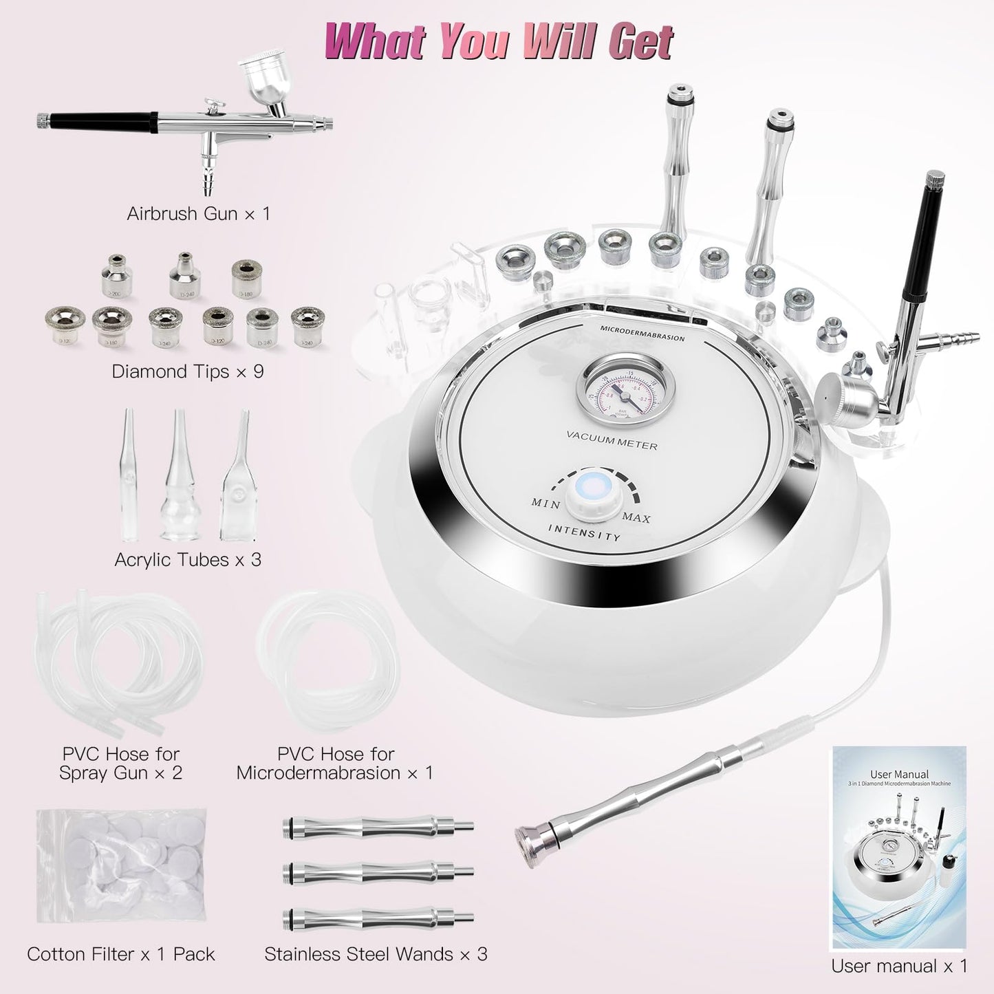 Lavender 3 in 1 Diamond Machine, TopDirect Facial Skin Care Salon Equipment Beauty Device with Spray Gun (Strong Suction Power: 65-68cmhg)