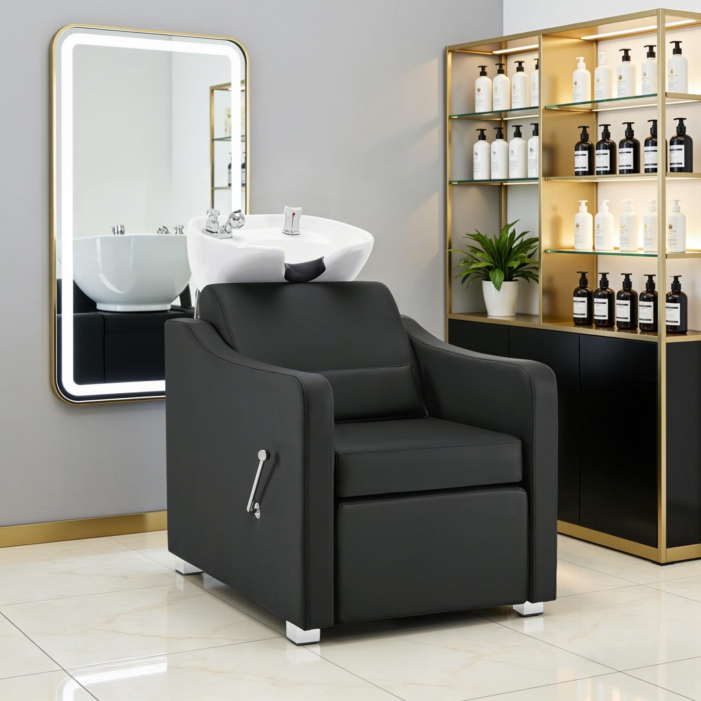 Dark Slate Gray BarberPub Backwash Shampoo Station Chair, Adjustable Porcelain Ceramic Hair Wash Bowl with Chair, Shampoo Station for Barber Shop, Spa Beauty Salon Equipment 9364 (Black)