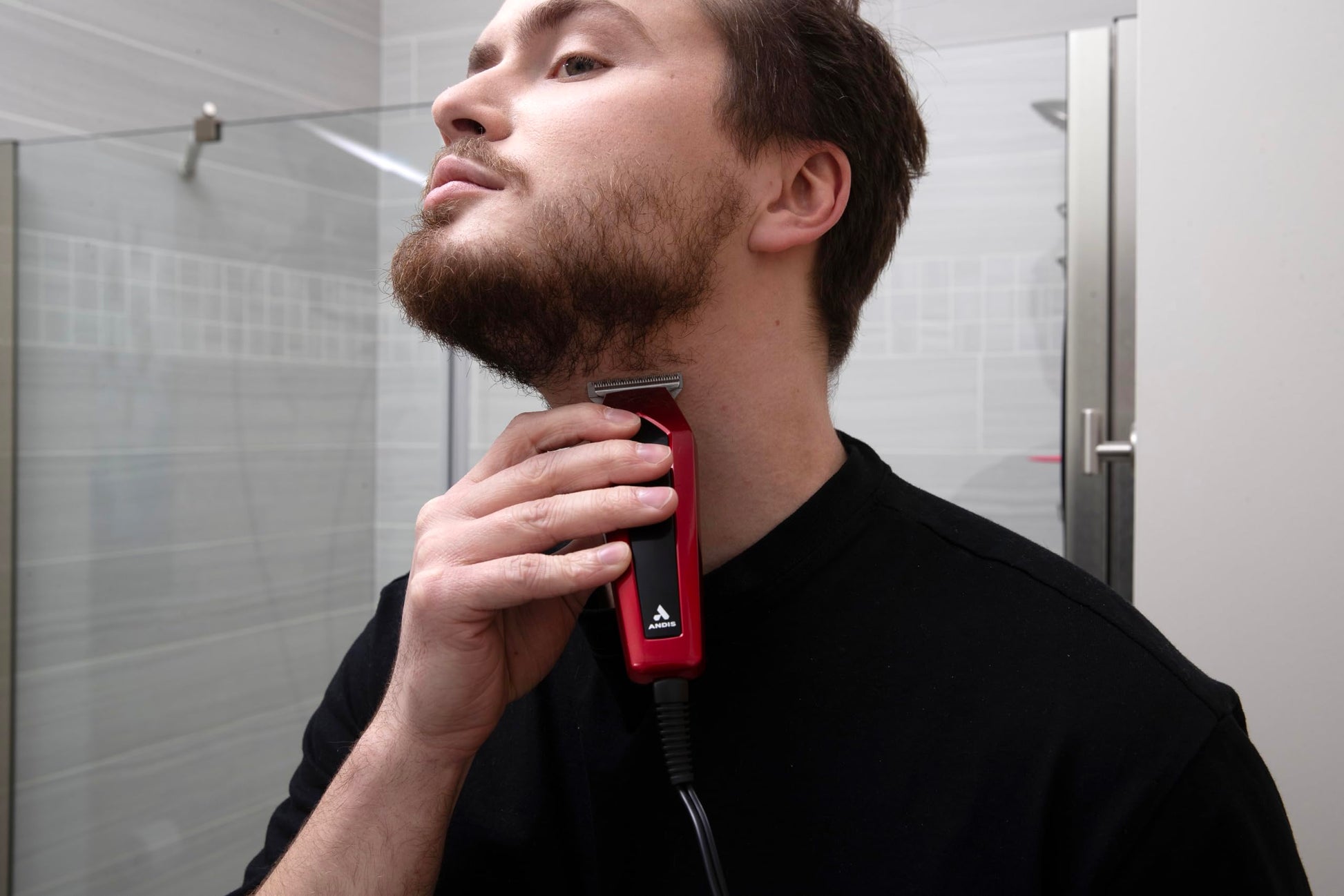 Black Andis 562940 Ultra Clip Corded Clipper & Trimmer 15-PieceHair Cutting Combo Kit, Stainless Steel Blades, Power Pivot Motor, Whisper Quiet, Hanger Loop, Red