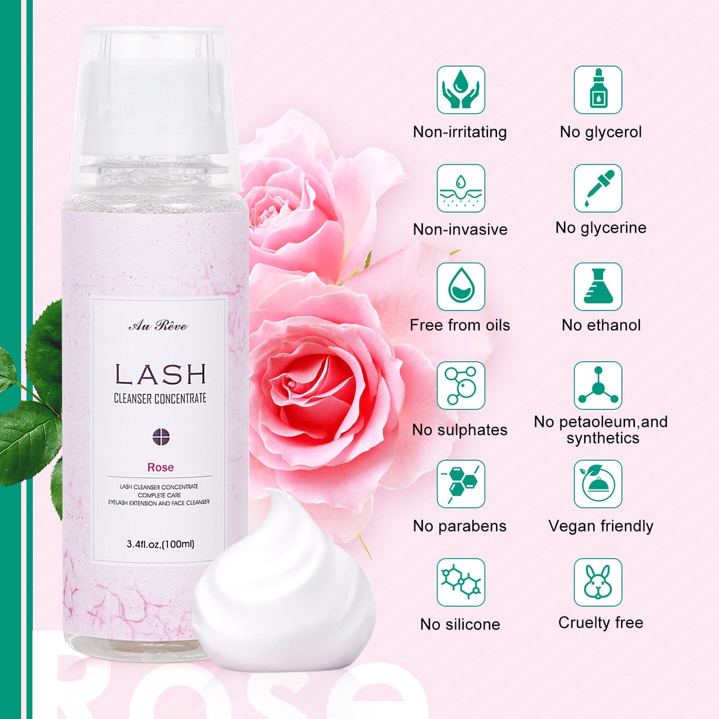Lavender Blush AuReve Eyelash Cleanser Concentrate 100ml Lash Extension Shampoo Oil-Free Eyelash Extension Shampoo with Salon Home Care -Makes 20 Bottles 60ml Lash Shampoo, Rose