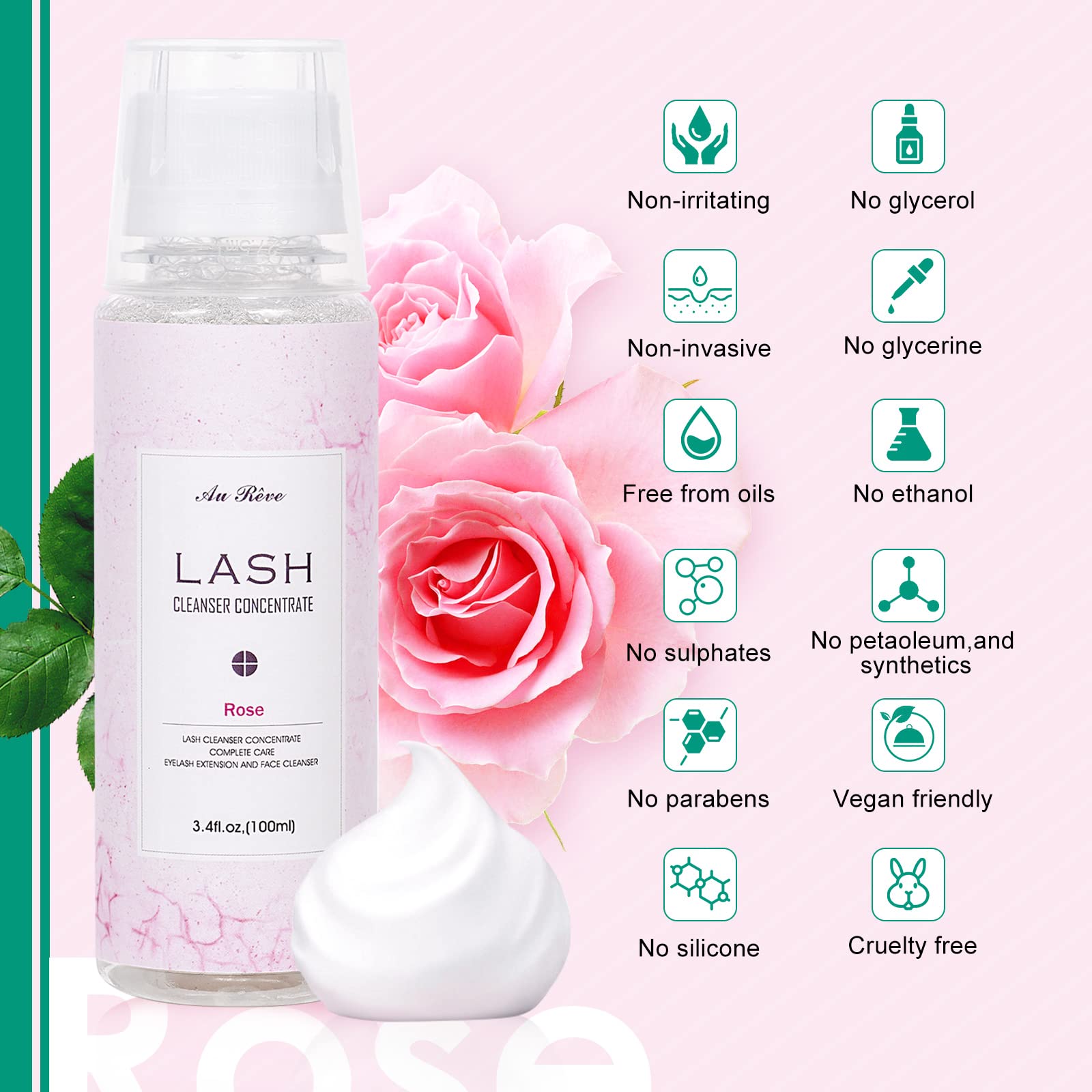 Lavender Blush AuReve Eyelash Cleanser Concentrate 100ml Lash Extension Shampoo Oil-Free Eyelash Extension Shampoo with Salon Home Care -Makes 20 Bottles 60ml Lash Shampoo, Rose