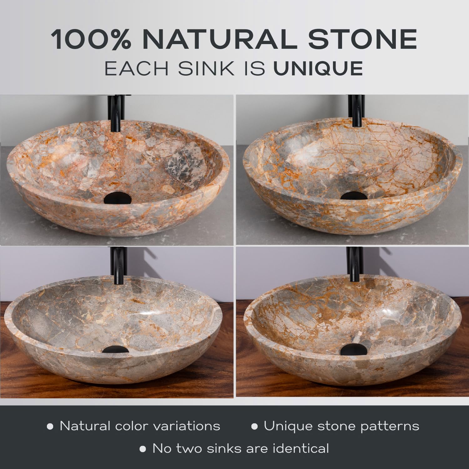 Gray Oval-Shaped Golden - Gray Marble Vessel Sink for Bathroom – 19" × 15" × 6"