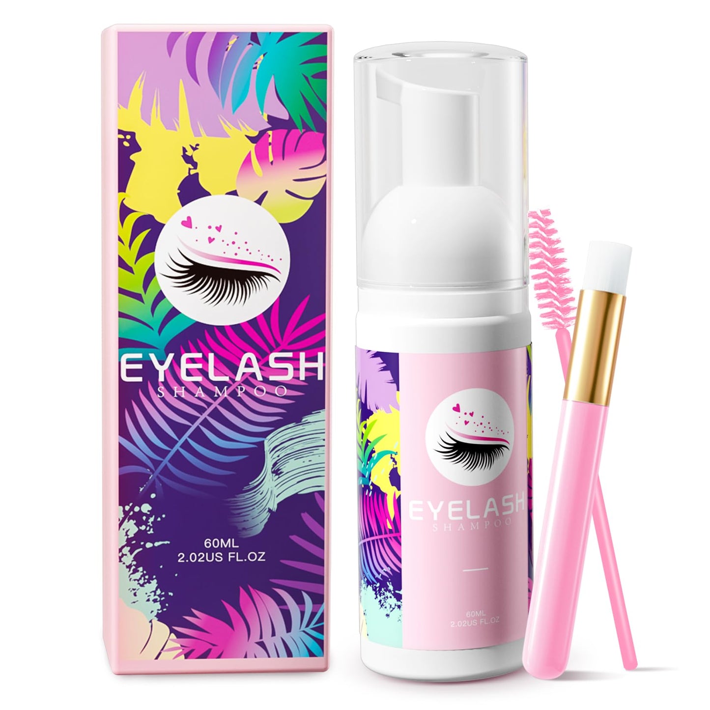 White Smoke Buqikma Lash shampoo for Eyelash Extension, 60Ml/2.02 fl.Oz Eyelash Shampoo Kit with Lash Wash Brushes Gentle Lash Extension Cleanser for Professional Salon and Home Eyelash Care
