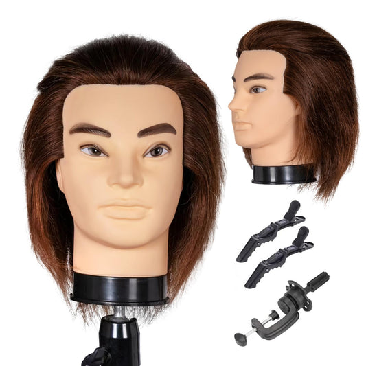 White Smoke Male Mannequin Head with Human Hair 12'' Barber Mannequin Head 100% Training Head for Hair Cutting Styling Practice Head for Hairdresser with Clamp Stand (Brown)