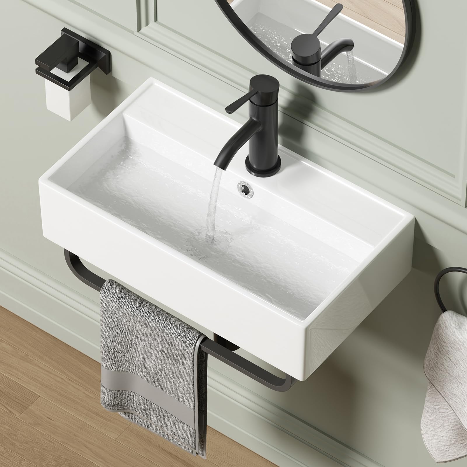 Gray Wall Mount Rectangular Vessel Sink with Towel Rack, QISHKA 21.5"x12.5" Modern Ceramic Bathroom Floating Sink, White Rectangle Vanity Sink with Overflow, Wall Hung Wash Hand Basin