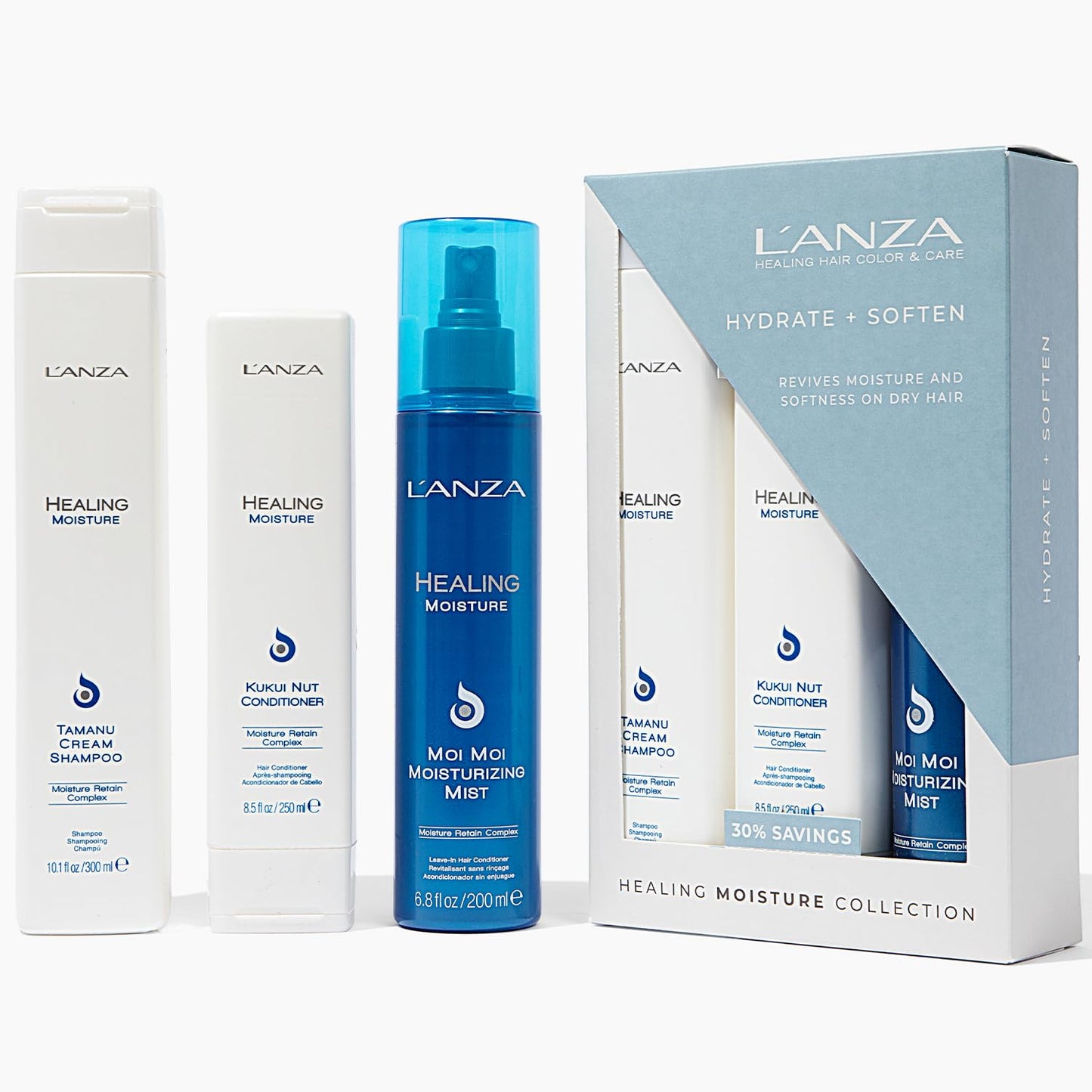 Lavender L'ANZA Healing Moisture Trio Hair Kit, Tamanu Cream Shampoo, Kukui Nut Conditioner & Moi Moi Moisturizing Mist Hairspray in a Gift Box, Luxury Hair Care Kit (10.1/8.5/6.8 Fl Oz)