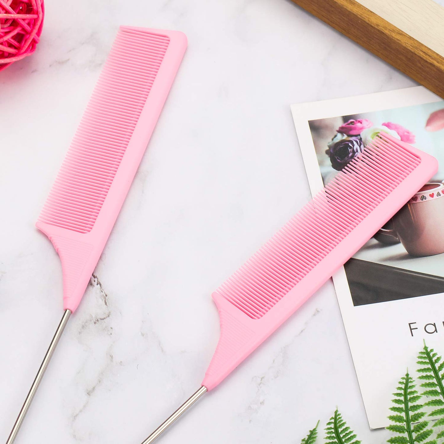 Lavender 3 Packs 9 Inch Rat Tail Comb Carbon Fiber Heat Resistant Teasing Comb with Metal Pick Styling Parting Lightweight Sectioning Fine Tooth Combs for Women Girls