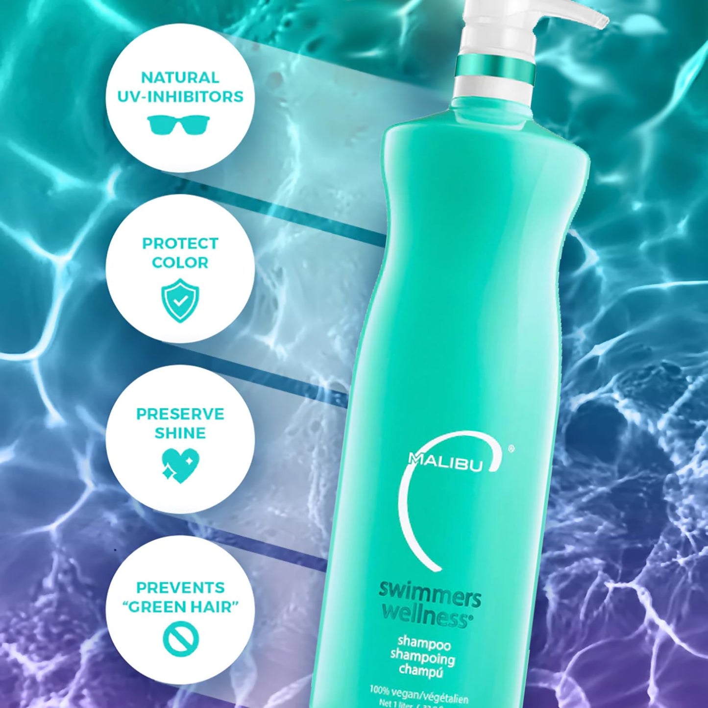 Alice Blue Malibu C Swimmers Wellness Clarifying Shampoo for Chlorine & Hair Build Up - Adults & Kids Swim Shampoo to Help Protect Against Pool Element Damage, Retain Moisture, Restore Shine & Texture (33.8oz)