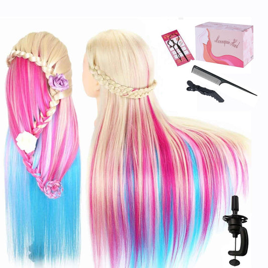 White Smoke Beauty Star 29" Colorful Mannequin Head with 100% Syntheic Hair, Doll Head for Hair Styling and Braiding Practice, Professional Bride Cosmetology Training Manikin Head with Clamp Stand Updo Kit