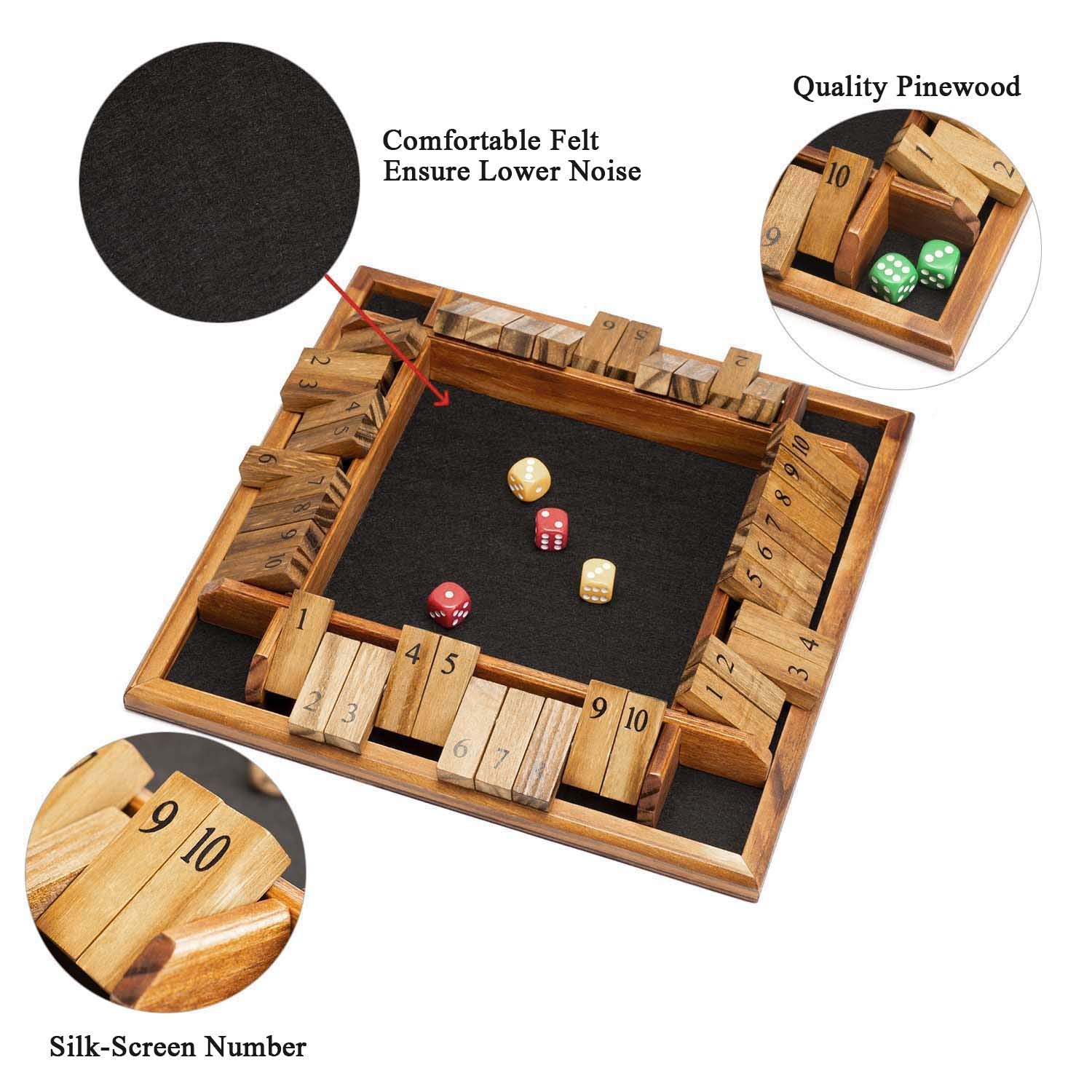 White Smoke AMEROUS 1-4 Players Shut The Box Dice Game, Wooden Board Table Math Game with 12 Dice and Shut-The-Box Instructions for Kids Adults, Family Classroom Home or Pub (12 Inches)