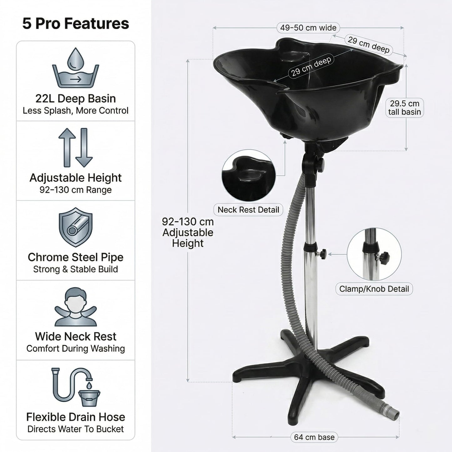 White Smoke TOSCARA Portable Hairdressing Sink with Adjustable Height - Salon Shampoo Bowl, Lightweight Barber Basin, Chrome Steel & Durable Mobile Hair Washing Unit for Beauty Salons, Home Styling & Spa Use 22L