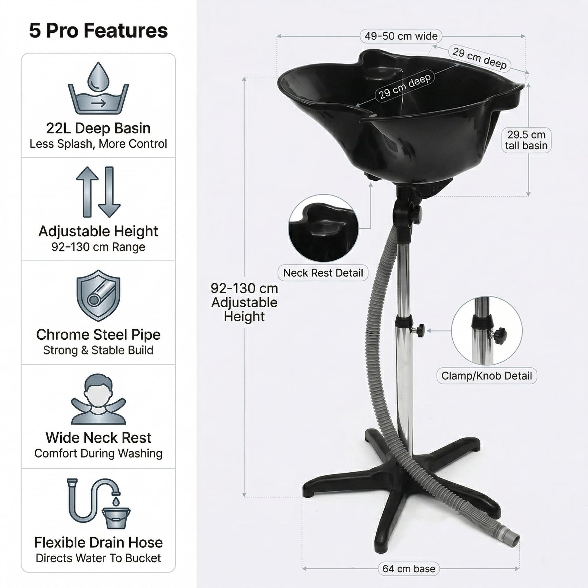 White Smoke TOSCARA Portable Hairdressing Sink with Adjustable Height - Salon Shampoo Bowl, Lightweight Barber Basin, Chrome Steel & Durable Mobile Hair Washing Unit for Beauty Salons, Home Styling & Spa Use 22L