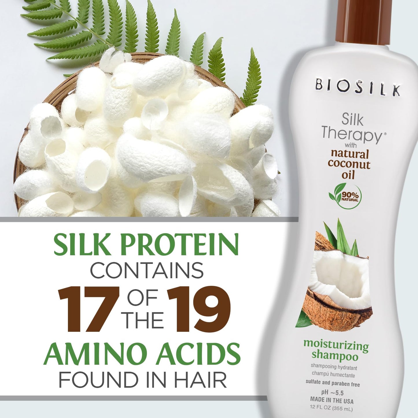 White Smoke BioSilk Silk Therapy with Natural Coconut Oil Moisturizing Shampoo, Cleanses & Replenishes Moisture, Sulfate, Paraben & Cruelty-Free, 12 Oz