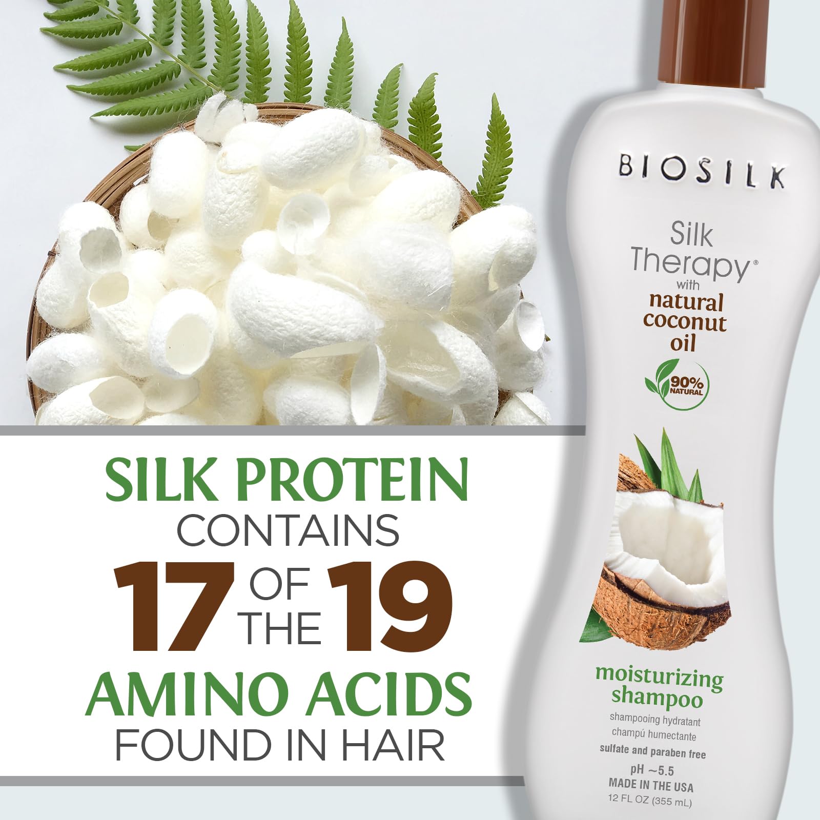 White Smoke BioSilk Silk Therapy with Natural Coconut Oil Moisturizing Shampoo, Cleanses & Replenishes Moisture, Sulfate, Paraben & Cruelty-Free, 12 Oz