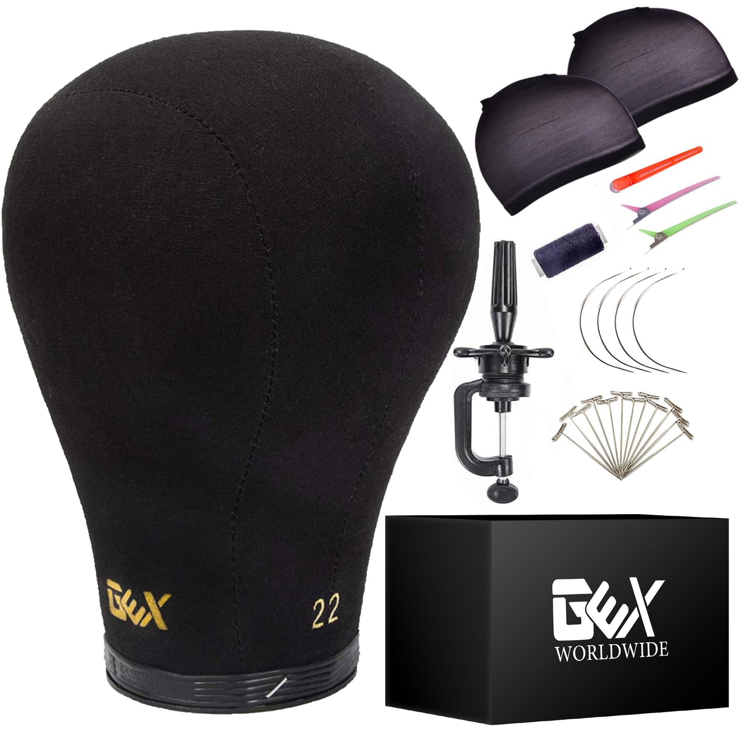 Black GEXWORLDWIDE GEX 20"-24" Canvas Cork Wig Block Mannequin Head for Wig Making Drying Styling Display with Table C Clamp Stand Holder (Black 22")