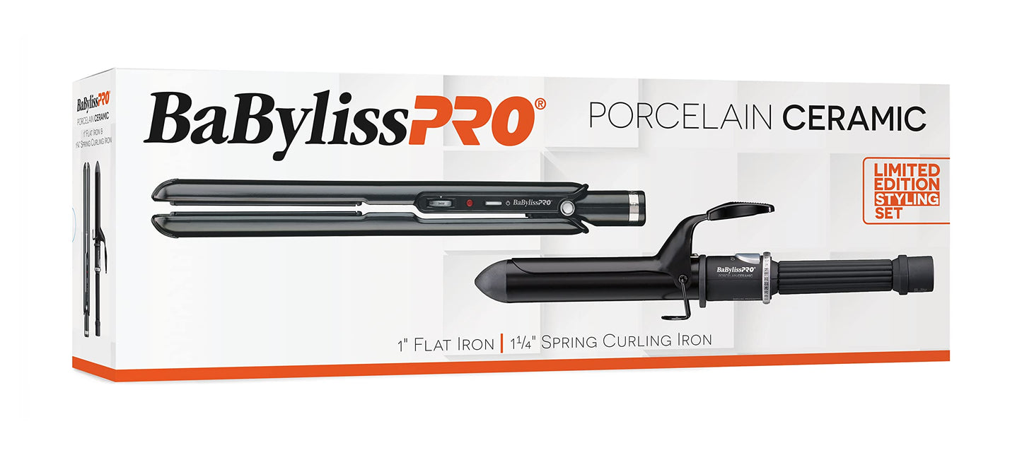 White Smoke BaBylissPRO Porcelain Ceramic 1" Flat Iron and 1 1/4" Spring Curling Iron Prepack