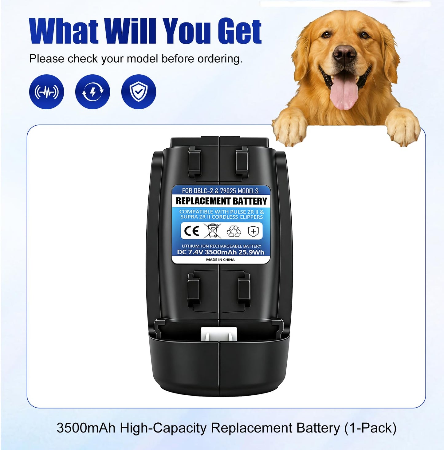 White Smoke Loarysk Upgrade High-Capacity 3500mAh Replacement Lithium-ion Battery for DBLC-2 & 79025 Models,Compatible with Andis Pulse ZR II & Supra ZR II Cordless Clippers (1 Pack)