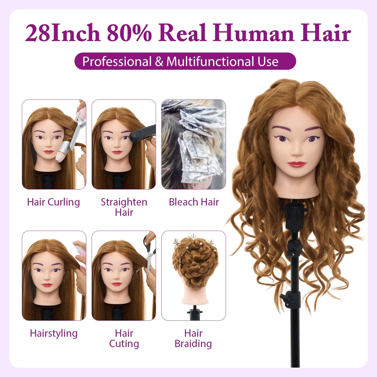 White Smoke 28" Mannequin Head with 80% Human Hair - Cosmetology Manikin Doll Head for Hair Styling, Training Practice Braiding Head with Table Clamp,DIY Hair Styling Set Suitable for Hair Extensions #27