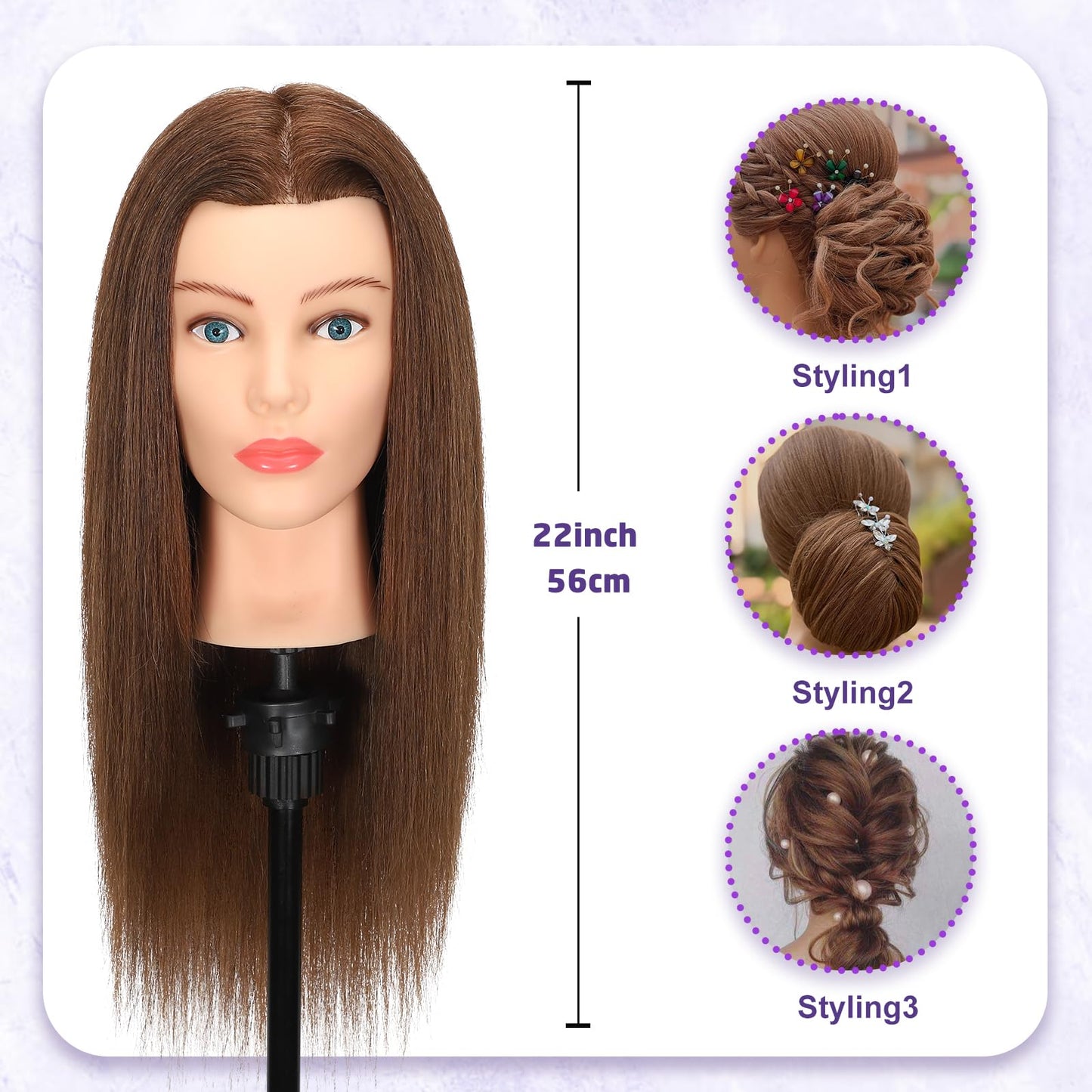 White Smoke Mannequin Head Human Hair - Cosmetology Manikin Doll Head with 100% Real Hair for Hairdresser Practice Styling Braiding & Free Clamp Holder (Dark Brown)