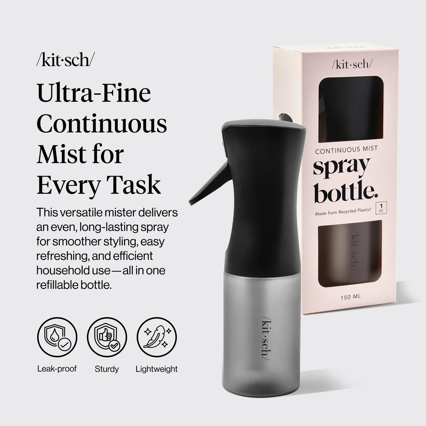 Lavender Kitsch Continuous Spray Bottle for Hair – Fine Mist Water Mister & Water Spray Bottle – Recycled Hair Spray Bottle – Spray Bottles for Cleaning, Styling, Plants & More – Black, 150ml