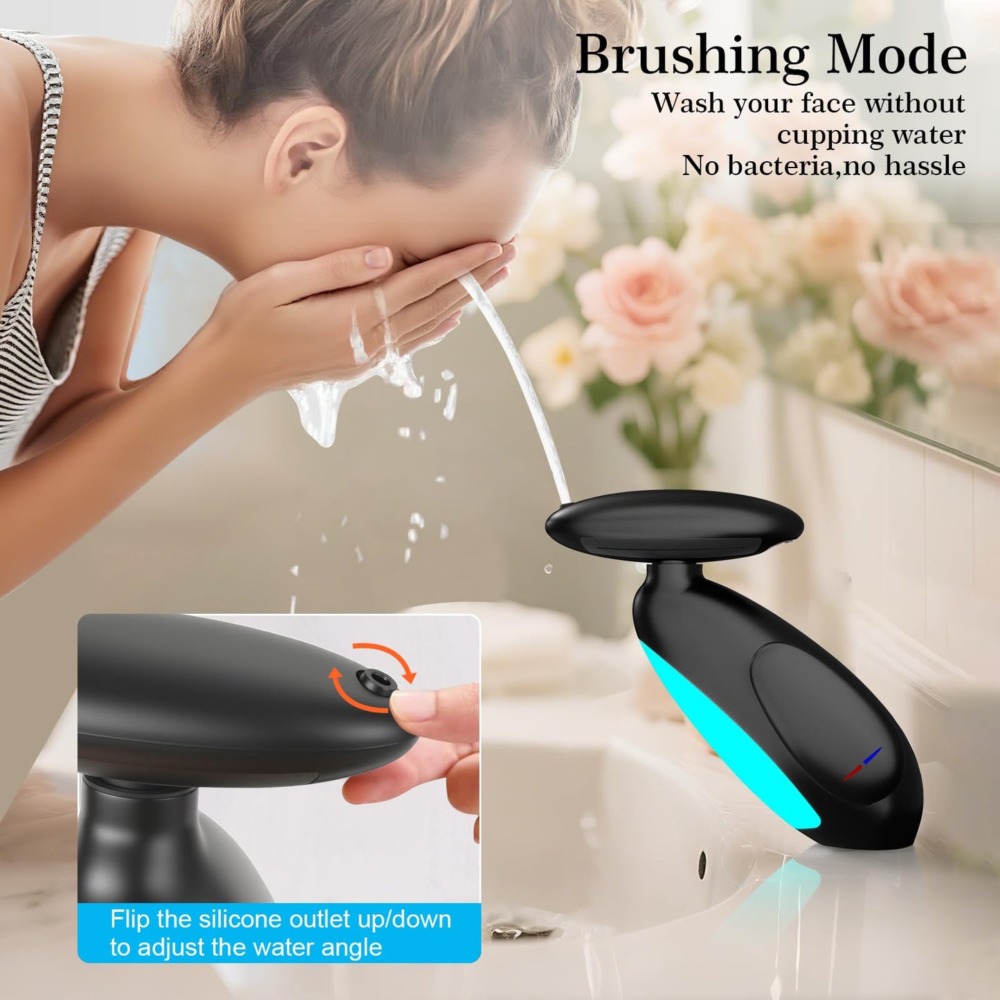 Dark Gray Faucet - Batteryless LED Light Temperature Display, 4 Modes (Waterfall/Rinsing/Shampoo/Bubble), 360° Pull-Out Spray for Pet & Sink Cleaning, Zinc Alloy Bathroom Faucet（Black）