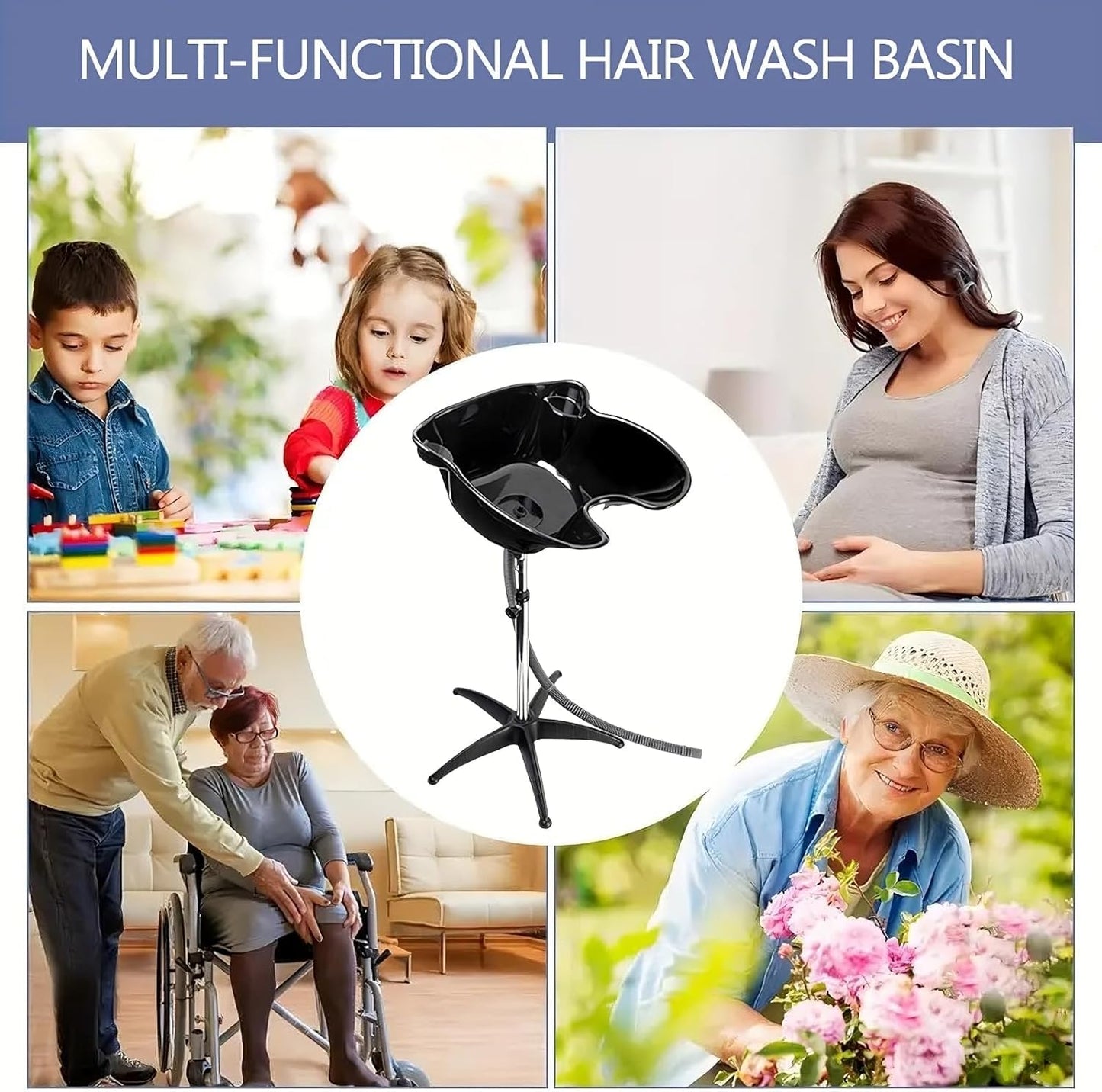White Smoke Height Adjustable Portable Shampoo Sink with 270° Rotation, Deep Hair Washing Basin & Drain Hose for Home/Salon - Black